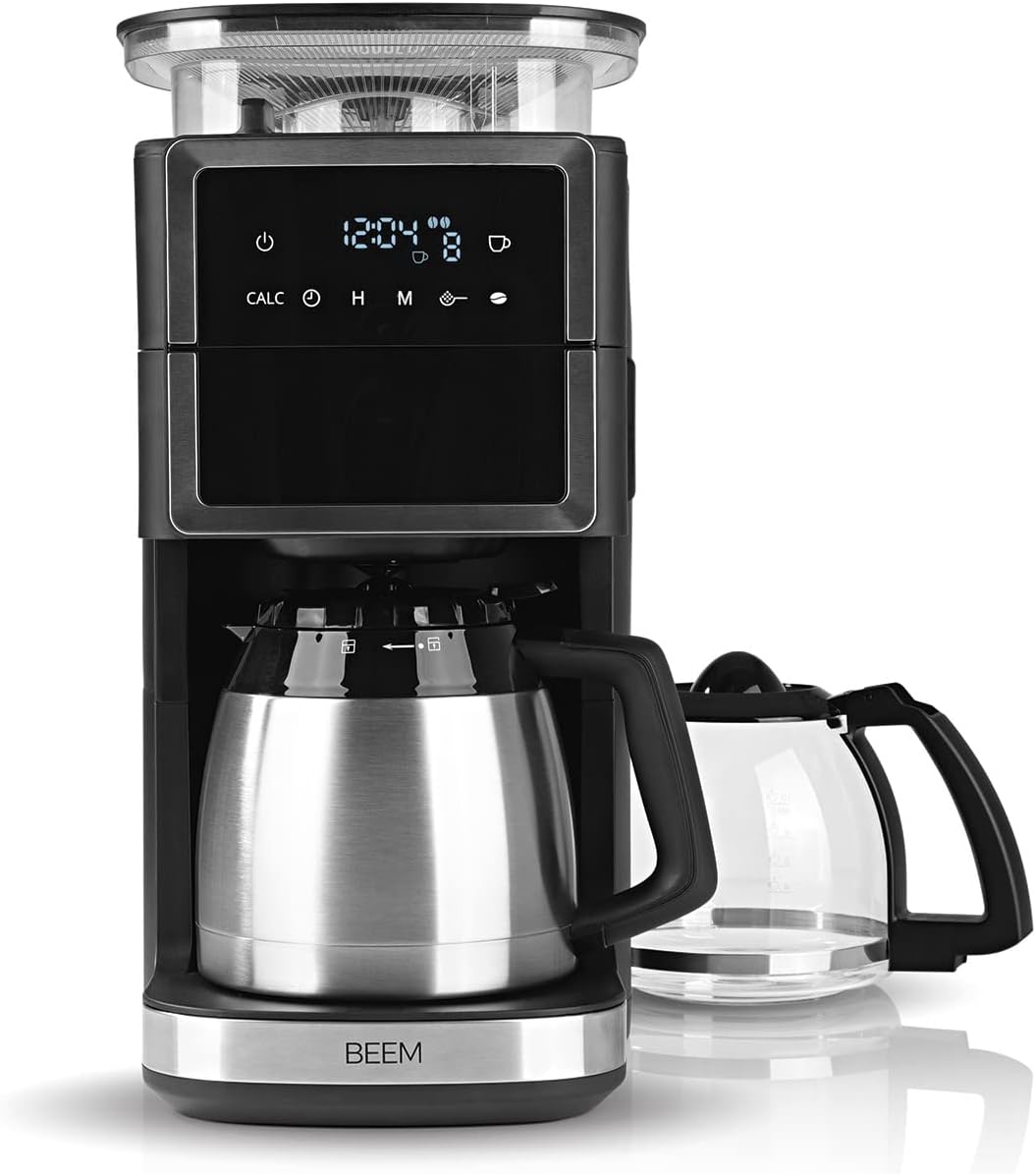 BEEM FRESH-AROMA-PERFECT III Filterkaffeemaschine mit Mahlwerk - Duo | Mit Thermos- & Glaskanne | Aroma-Plus-Funktion | 24-H-Timer | 1000 W | für bis zu je 10 Tassen [Edelstahl]