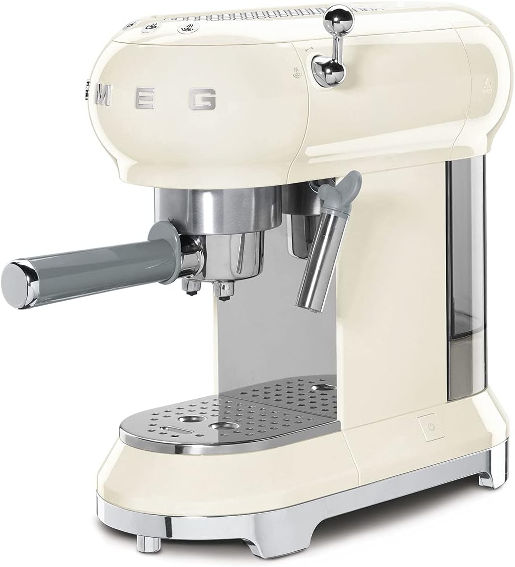 Smeg, ECF01WHEU Manual Espresso -Maschine, Cappuccino -System, Thermoblock, große Tassengehäuse und Doppelkaffeefunktion, 1 l Wassertank, kompakte Abmessungen, 1350W, Weiß