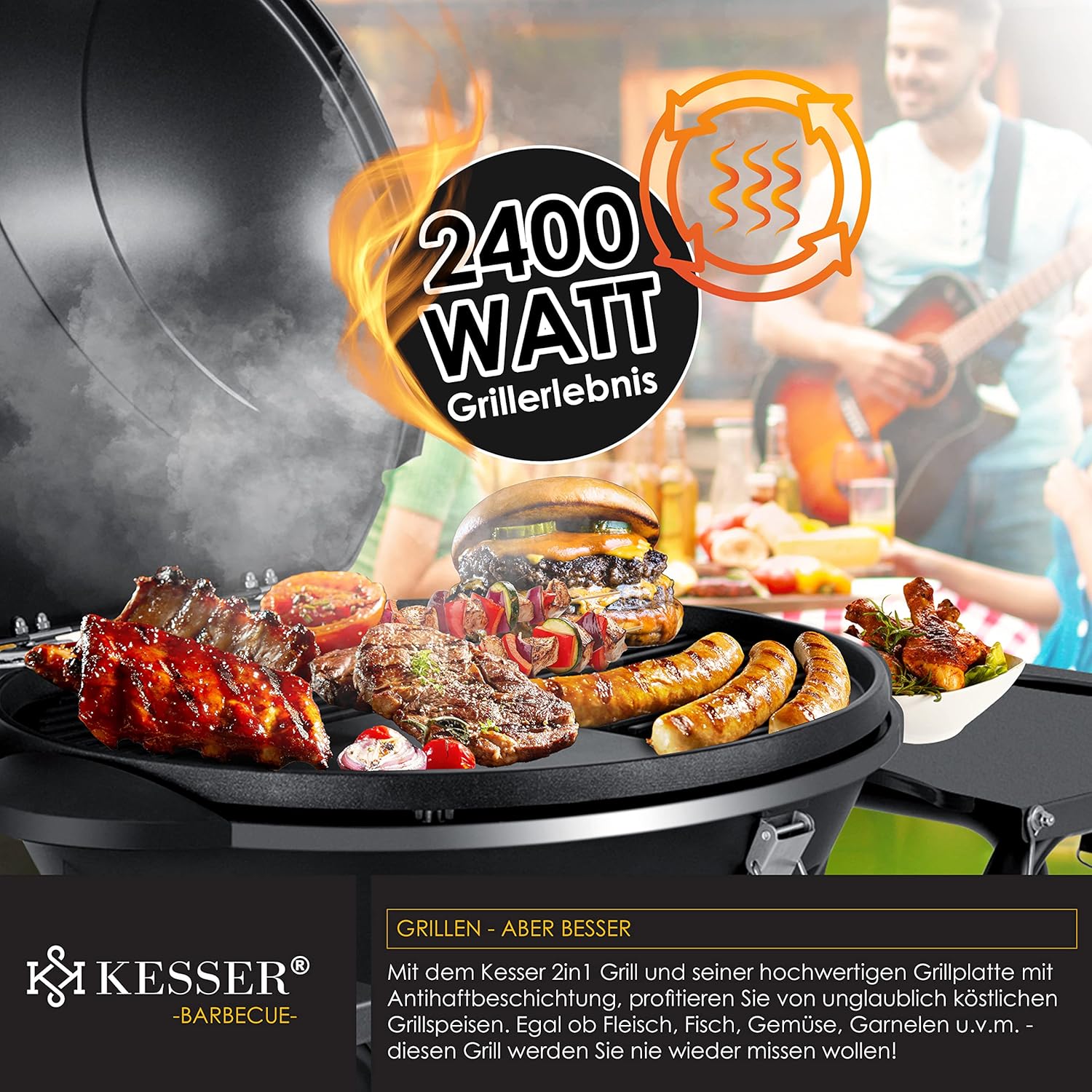 KESSER elektrischer Elektrogrill 2in1 Tischgrill - Standgrill mit Deckel und Standfuß | max. 2400 Watt | Faltbar | Thermostat | Antihaftbeschichtung | Grillplatte Abstelltische | 2 Räder |