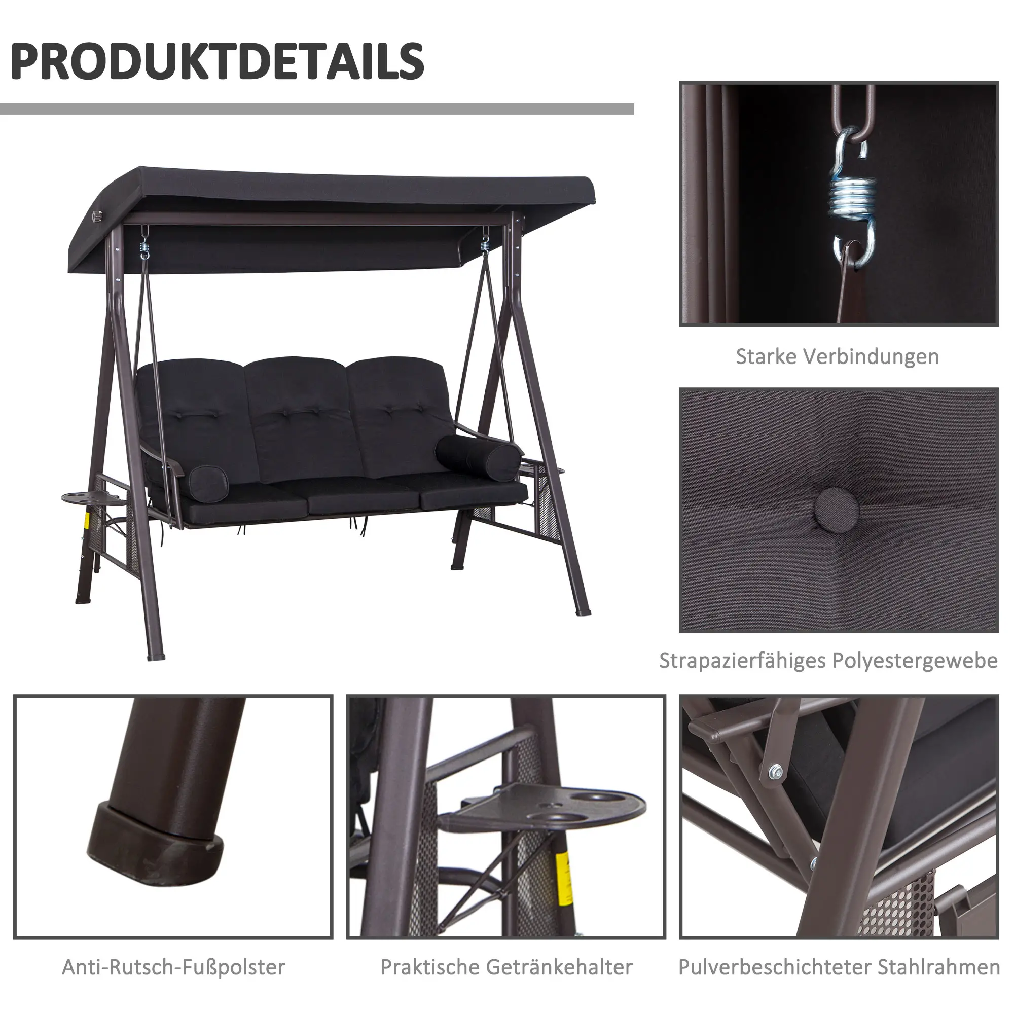 Outsunny 3-Sitzer Hollywoodschaukel mit Sonnendach & Kissen – Schwarz