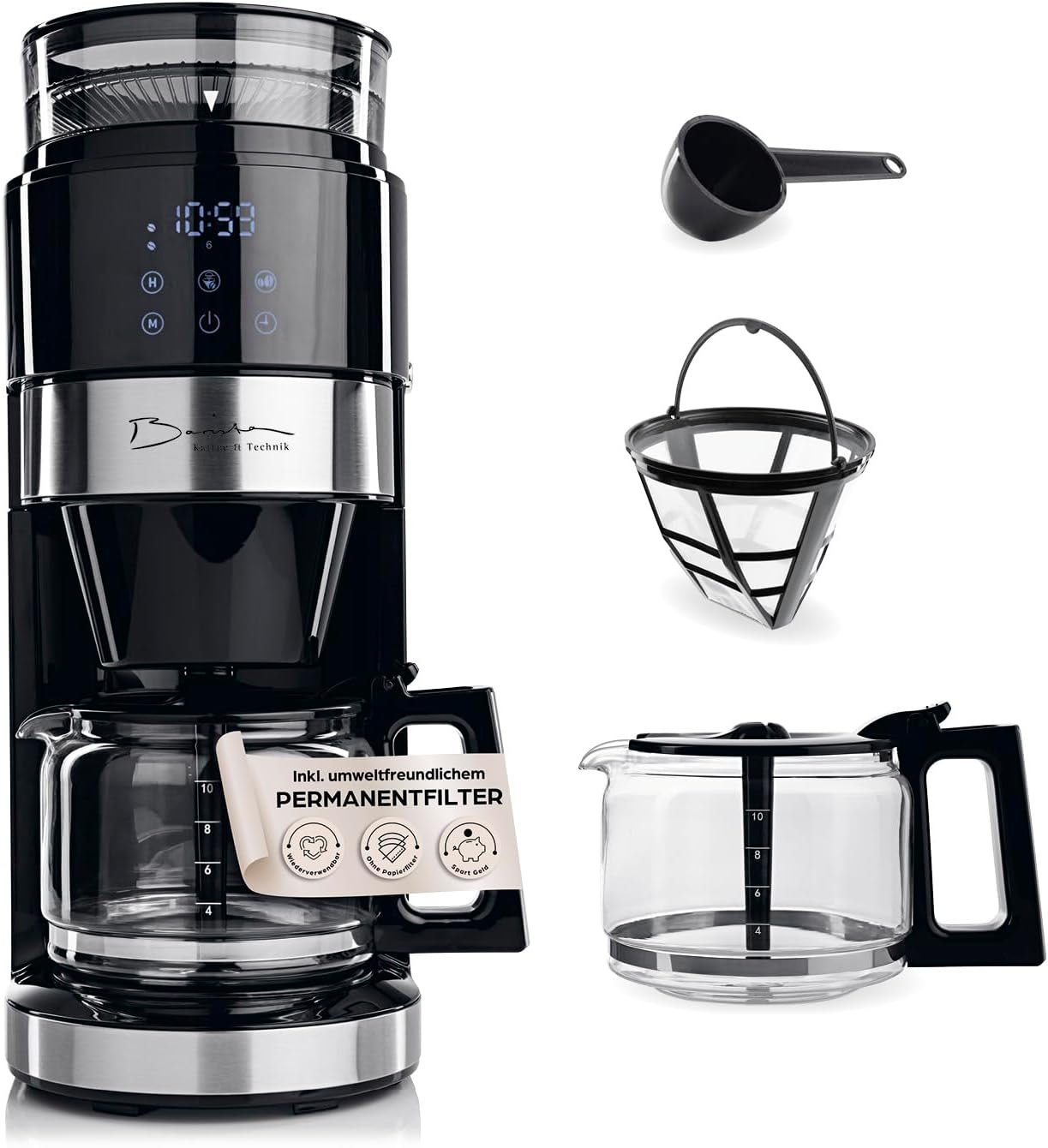 Barista Filterkaffeemaschine mit verstellbarem Mahlwerk & Thermokanne | Warmhaltefunktion, 24h Timer & Permanentfilter | Für 10 Tassen Kaffee | Kaffeemaschine für Bohnen & Pulver [Edelstahl]