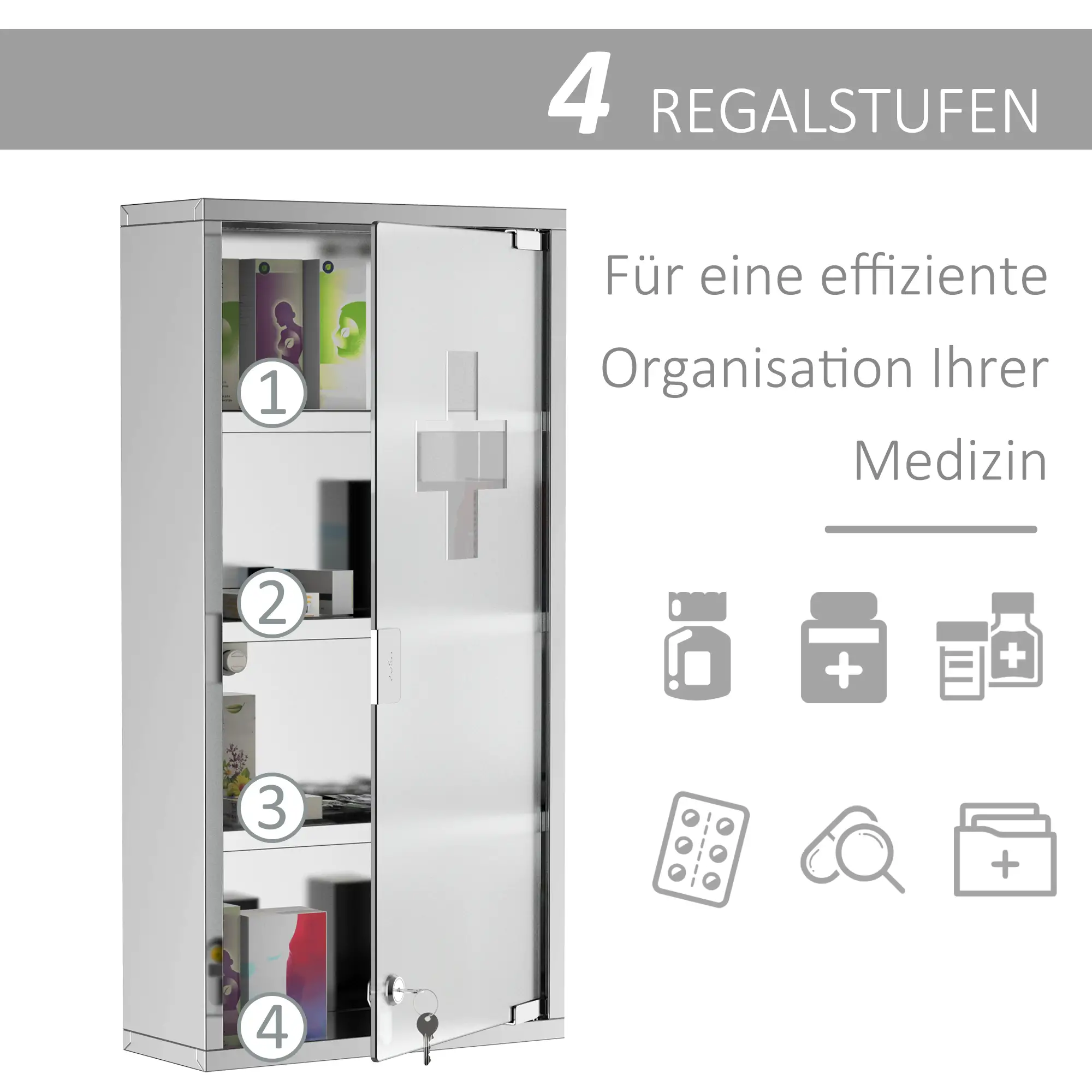 HOMCOM Medizinschrank abschließbar Tip-On Automatik Edelstahl