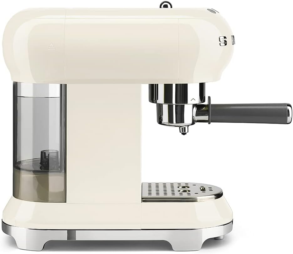Smeg, ECF01WHEU Manual Espresso -Maschine, Cappuccino -System, Thermoblock, große Tassengehäuse und Doppelkaffeefunktion, 1 l Wassertank, kompakte Abmessungen, 1350W, Weiß
