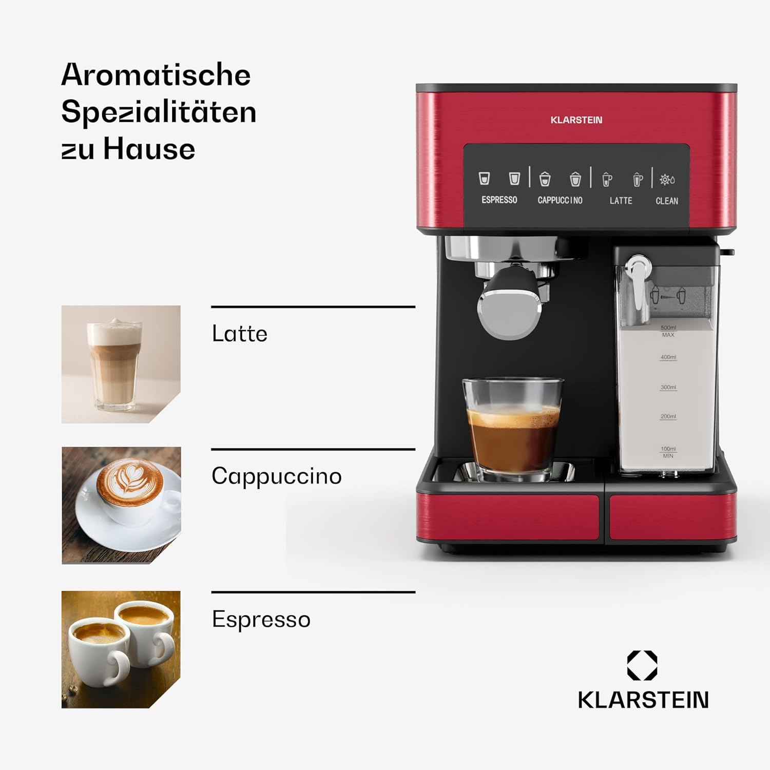 Klarstein Espresso Siebträgermaschine mit Milchaufschäumer, 1,8L Mini-Espressomaschine mit Siebträger, 20 Bar, Edelstahl, Klein, 0,5L Milchtank, 1350W Kaffeemaschine für Gemahlenen Kaffee
