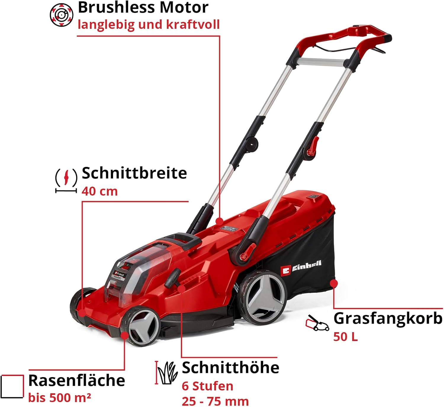 Einhell Akku-Rasenmäher RASARRO 36/42 Kit Power X-Change (36V, 42 cm Schnittbreite, bis 725 m², Brushless, 50L Fangkorb, Mulchfunktion, inkl. 2x 5,2Ah + 1x Twincharger)