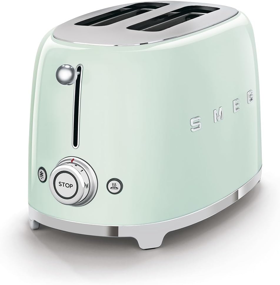Smeg, 2x2 TSF01PGEU -Toaster, 2 Schlitze für 2 Scheiben, 6 Vergoldungsniveaus, Heizfunktion, Abtau- und Bagel- Funktion, Sammelschublade, 950W, Pastellgrün