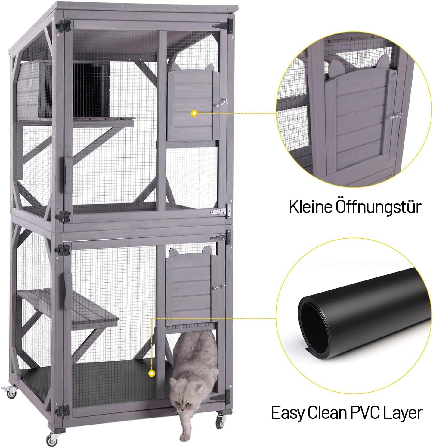 Katzenhaus Outdoor Catio Kitty Gehege mit super großer Eingangstür, Holz-Katzenkäfig Condo Indoor-Laufstall mit Plattformen und kleinem Haus