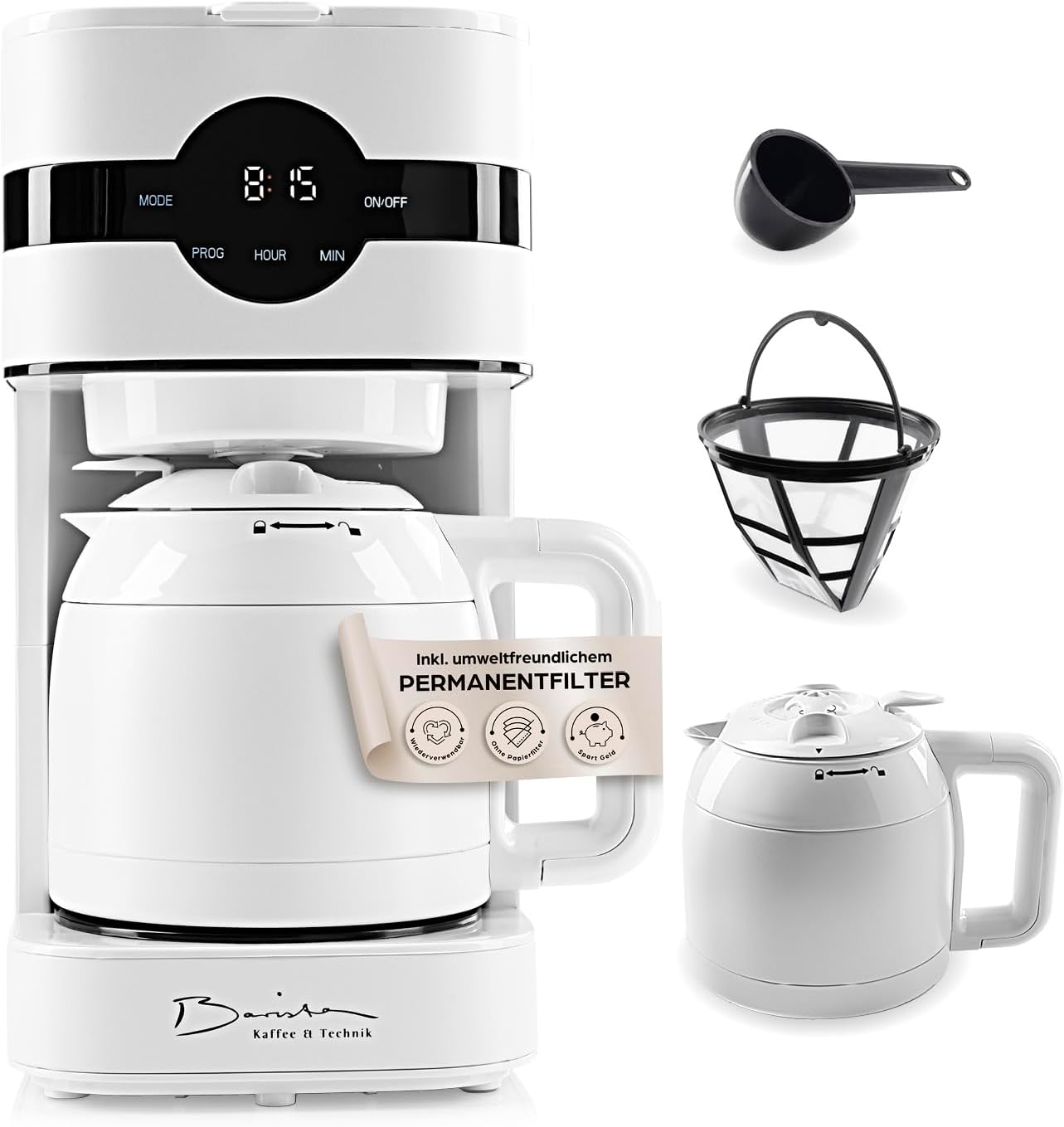 Barista Filterkaffeemaschine mit verstellbarem Mahlwerk & Thermokanne | Warmhaltefunktion, 24h Timer & Permanentfilter | Für 10 Tassen Kaffee | Kaffeemaschine für Bohnen & Pulver [Edelstahl]