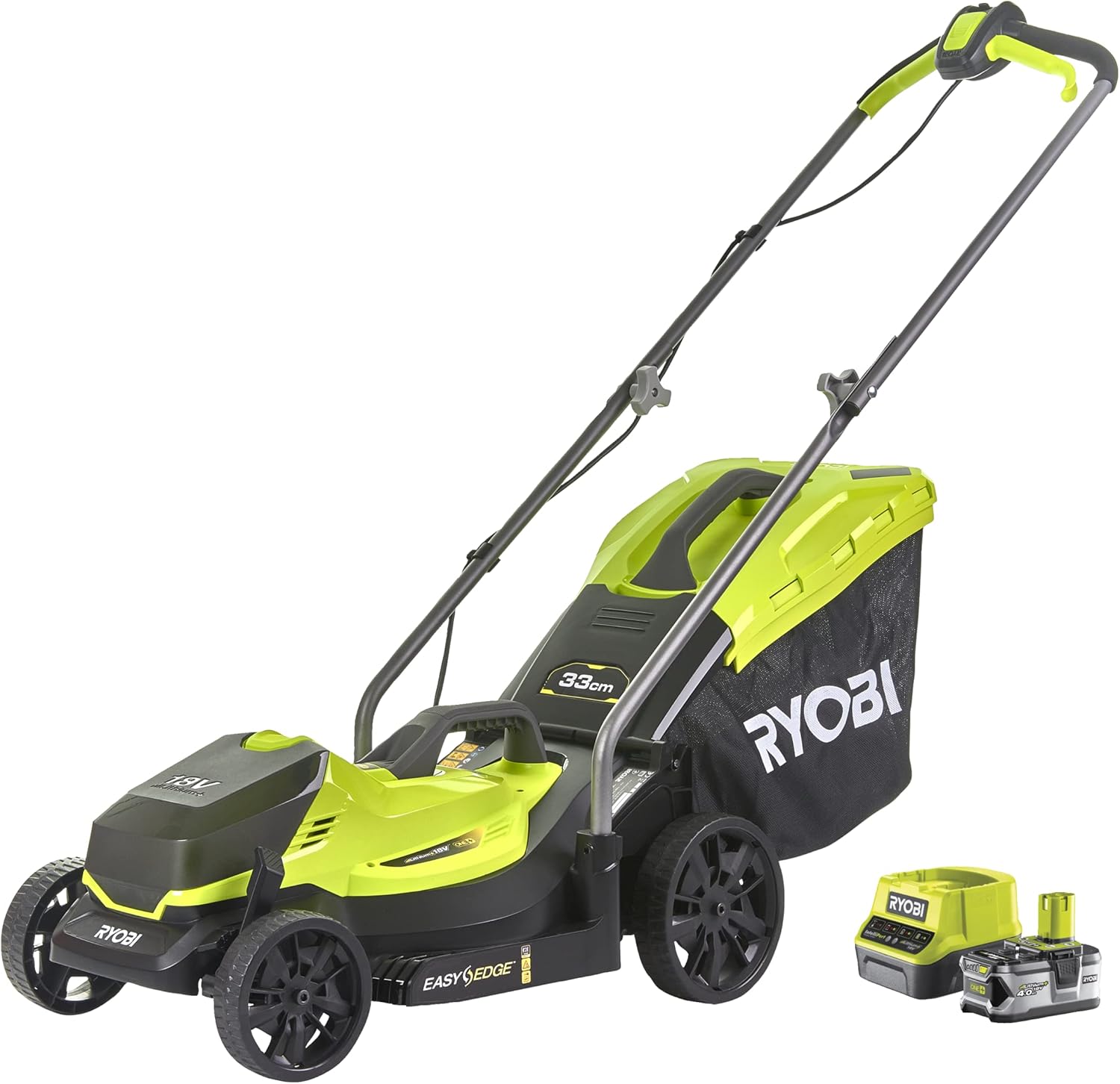 RYOBI 18 V ONE+ Akku-Rasenmäher RLM18X33B40 (Schnittbreite 33 cm, 5-fache Höhenverstellung 25-65 mm, zusammenklappbares Griffgestänge, inkl. Mulchkeil, 35l Grasfangsack, 4,0Ah Akku & Ladegerät)
