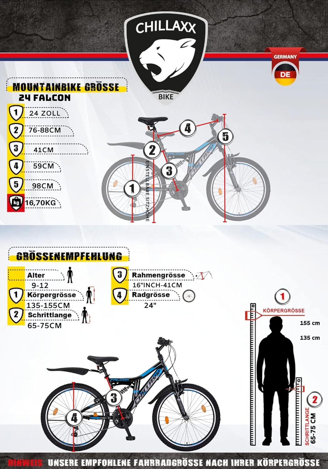Chillaxx Bike Falcon Premium Mountainbike in 24,26,27.5 und 29 Zoll - Fahrrad für Jungen, Mädchen, Damen und Herren - Scheibenbremse- 21 Gang-Schaltung - Vollfederung