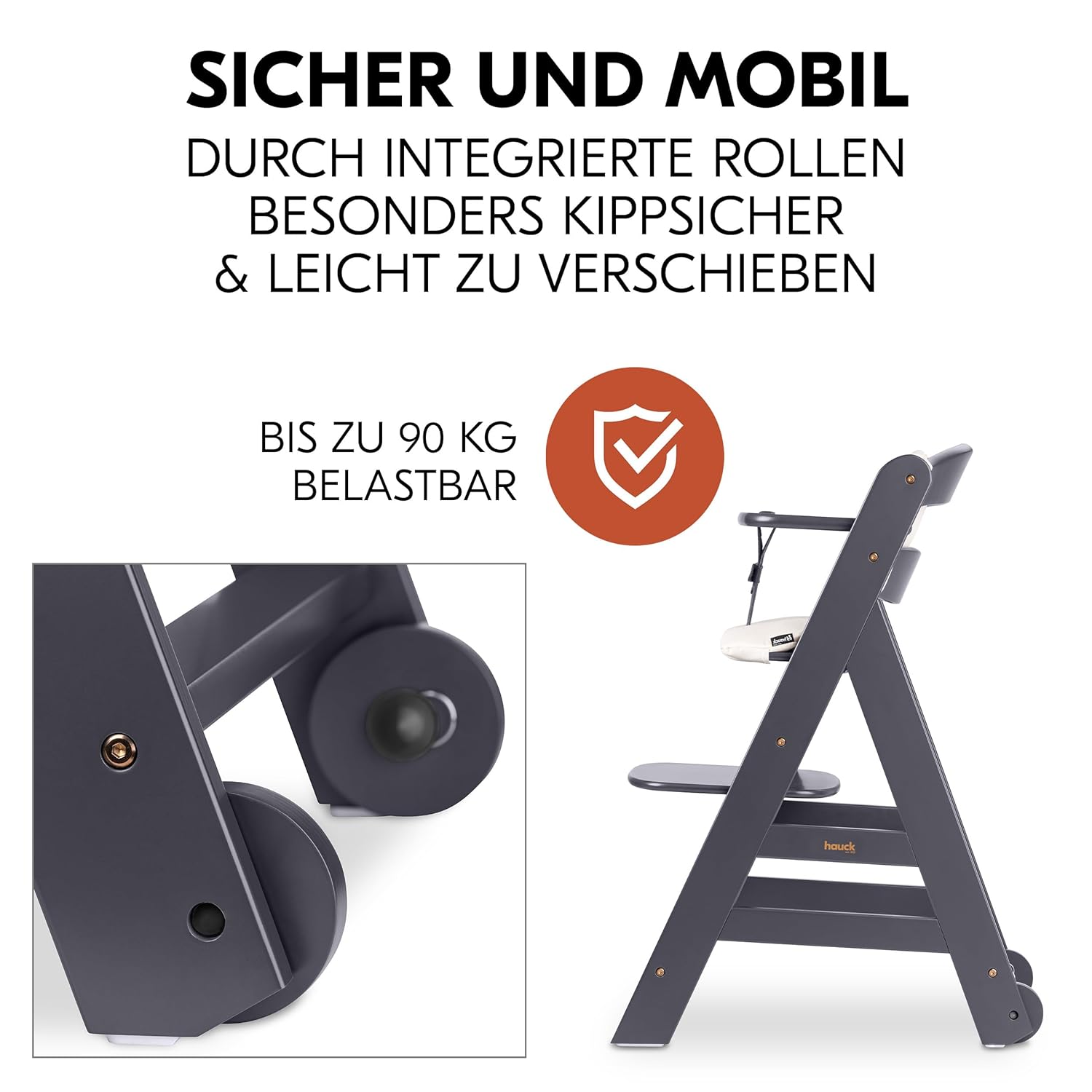 hauck Hochstuhl Beta+ Newborn Set Premium Dark Grey - Babyhochstuhl Set ab Geburt mit Neugeborenen Aufsatz Bouncer, Sitzpolster und Essbrett - Dark Grey