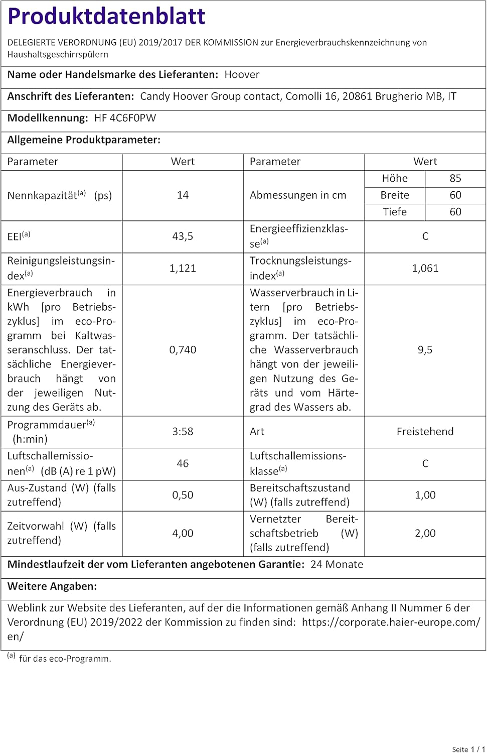 Hoover HF 4C6F0PW Geschirrspüler; 14 Maßgedecke; Freistehend, 60 cm breit; Energieeffizienzklasse C; Smarte Bedienung mit WiFi + Bluetooth-Technologie
