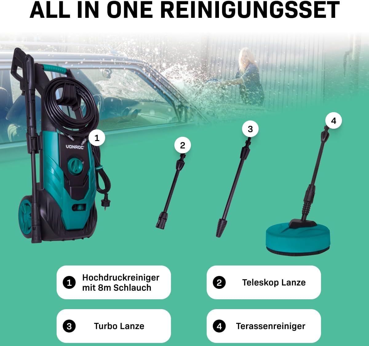 VONROC Profi Hochdruckreiniger 195bar - Fassadenreiniger für schwere Reinigungsarbeiten [2500W] - Hoher Durchfluss [468 l/h] Reinigungstank, Aluminium Pumpe - inkl. Terassenreiniger