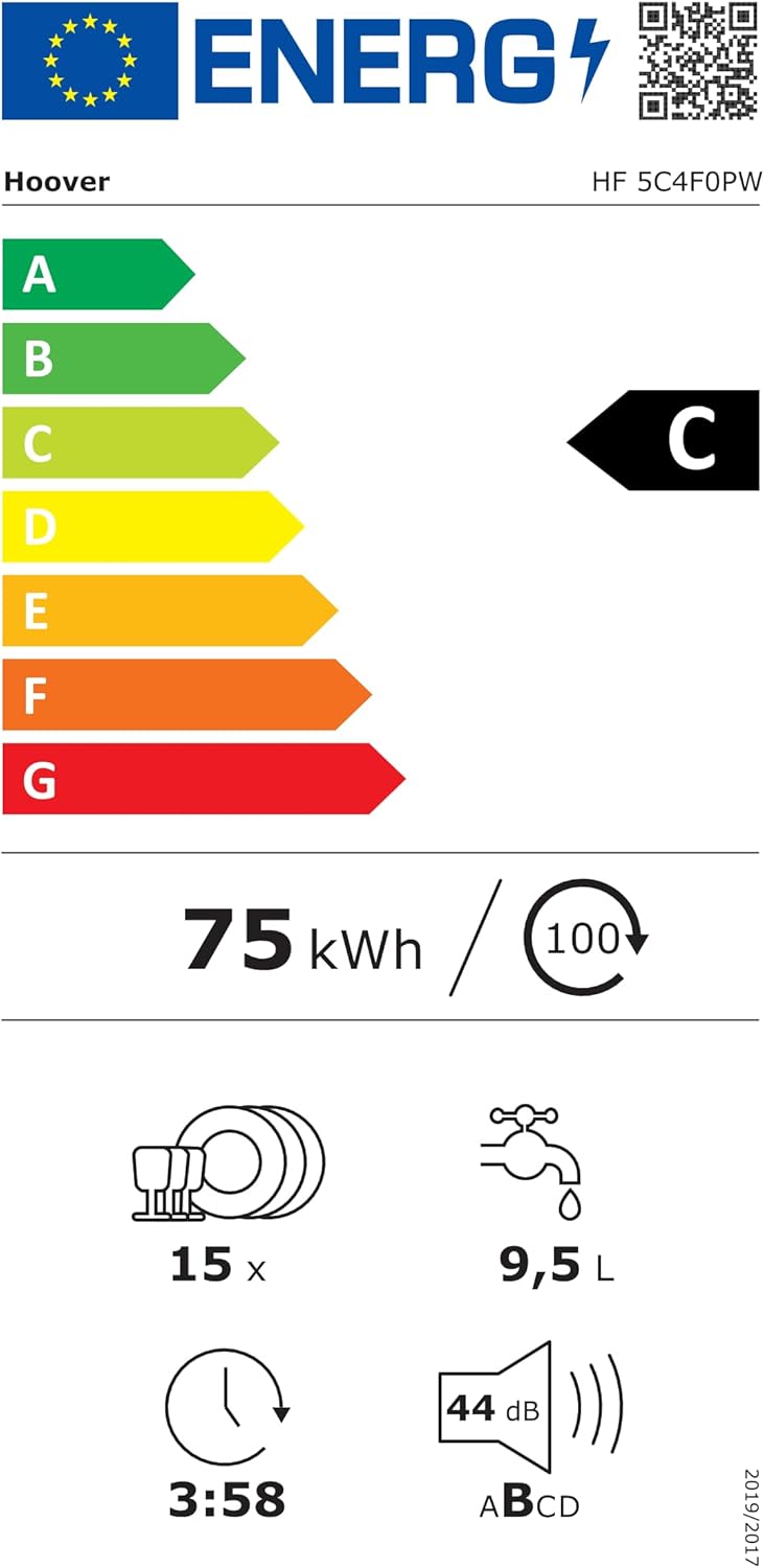Hoover HF 4C6F0PW Geschirrspüler; 14 Maßgedecke; Freistehend, 60 cm breit; Energieeffizienzklasse C; Smarte Bedienung mit WiFi + Bluetooth-Technologie