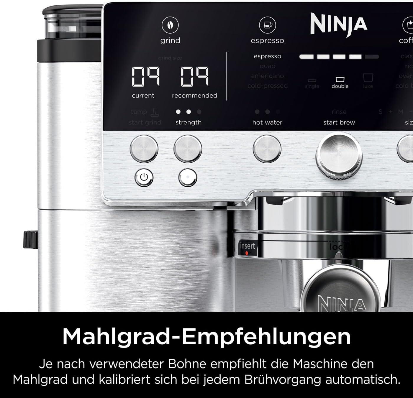 Ninja Luxe Essential 2-in-1-Kaffeemaschine mit Mahlwerk und Aufschäumer für Latte, Cappuccino & Espresso, einfache Handhabung, 2 Voreinstellungen zum Aufschäumen, Silber, ES501EU