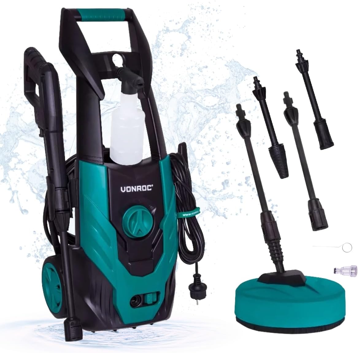 VONROC Profi Hochdruckreiniger 195bar - Fassadenreiniger für schwere Reinigungsarbeiten [2500W] - Hoher Durchfluss [468 l/h] Reinigungstank, Aluminium Pumpe - inkl. Terassenreiniger