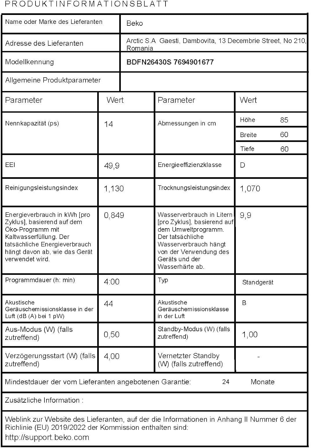 Beko BDFN26420W b300 freistehender Geschirrspüler, unterbaufhig, Platz für 14 Magedecke, Pro Inverter Motor, TrayWash, HygieneIntense, 6 Programme, WaterSafe+, Wei