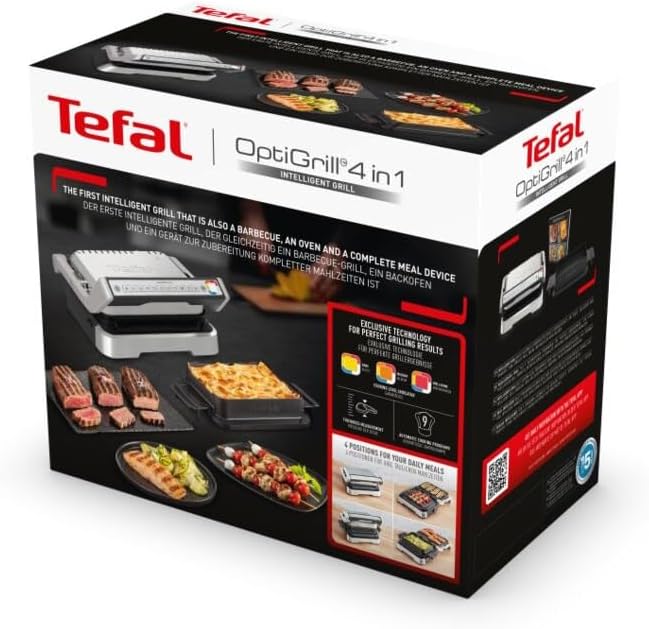 Tefal OptiGrill 4in1 Kontaktgrill mit Backschale, Aufklappbar, Tischgrill, 9 Programme, Garstufenanzeige, Elektrogrill, Backofen, GC776D10
