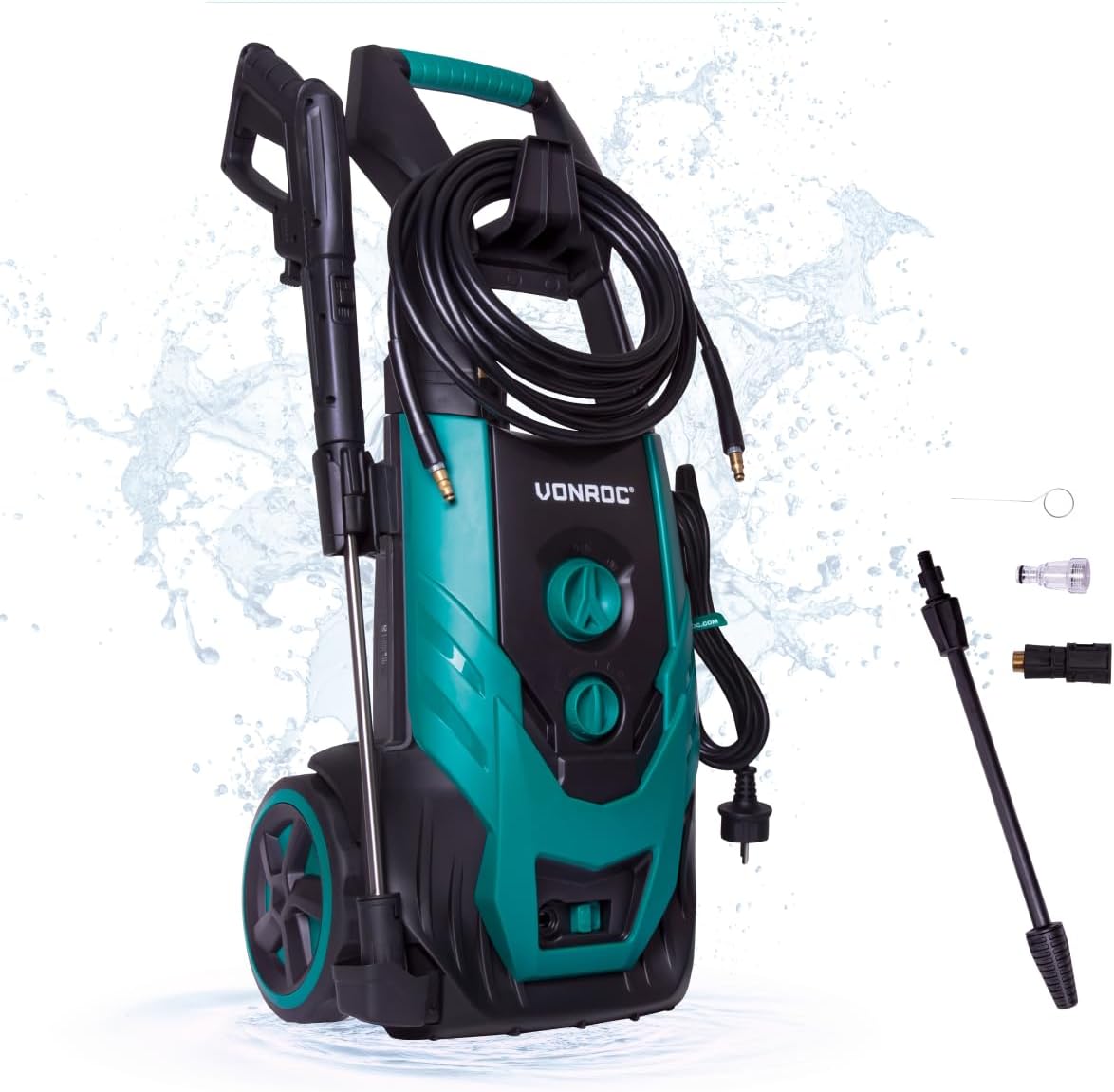 VONROC Profi Hochdruckreiniger 195bar - Fassadenreiniger für schwere Reinigungsarbeiten [2500W] - Hoher Durchfluss [468 l/h] Reinigungstank, Aluminium Pumpe - inkl. Terassenreiniger