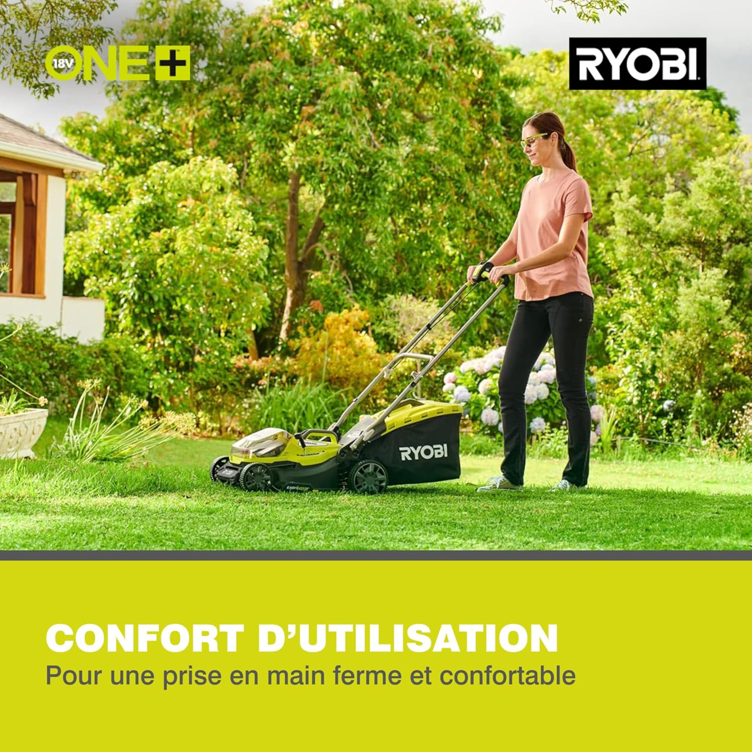 RYOBI 18 V ONE+ Akku-Rasenmäher RLM18X33B40 (Schnittbreite 33 cm, 5-fache Höhenverstellung 25-65 mm, zusammenklappbares Griffgestänge, inkl. Mulchkeil, 35l Grasfangsack, 4,0Ah Akku & Ladegerät)
