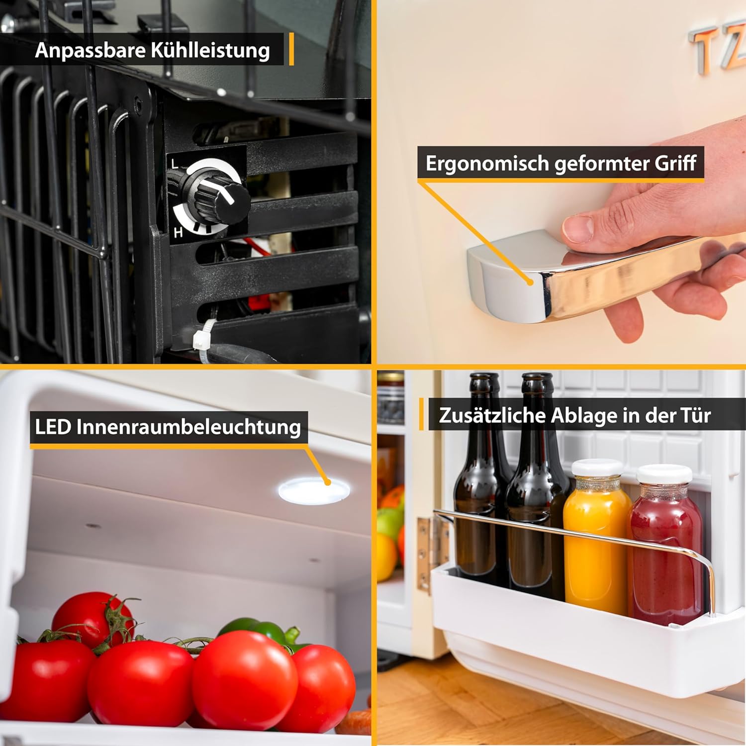 TZS First Austria lautloser Minikühlschrank | Retro Design | Einstellbare Kühlleistung | Türgriff |Thermoelektrisches Kühlsystem | 40L | creme