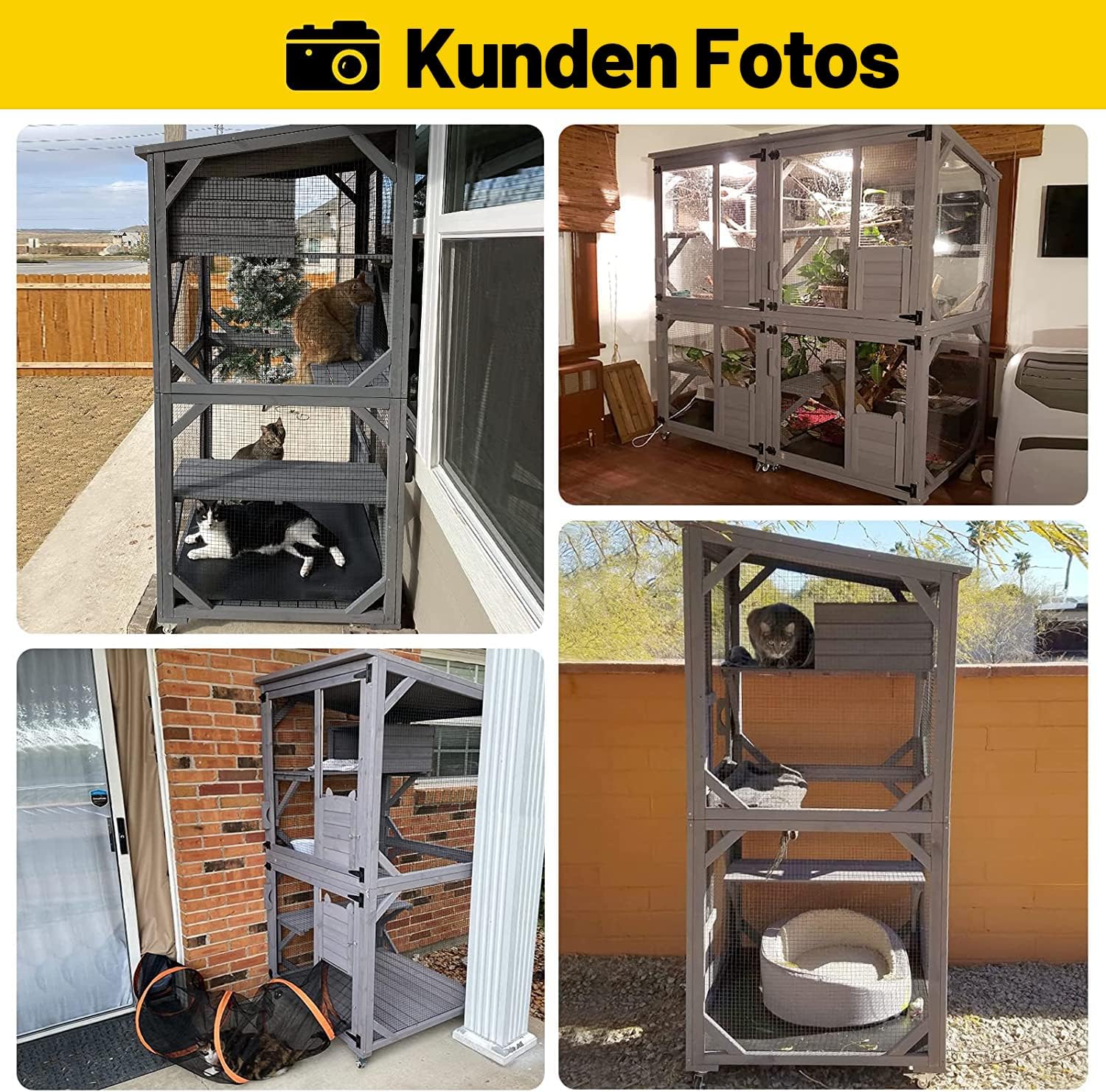 Katzenhaus Outdoor Catio Kitty Gehege mit super großer Eingangstür, Holz-Katzenkäfig Condo Indoor-Laufstall mit Plattformen und kleinem Haus