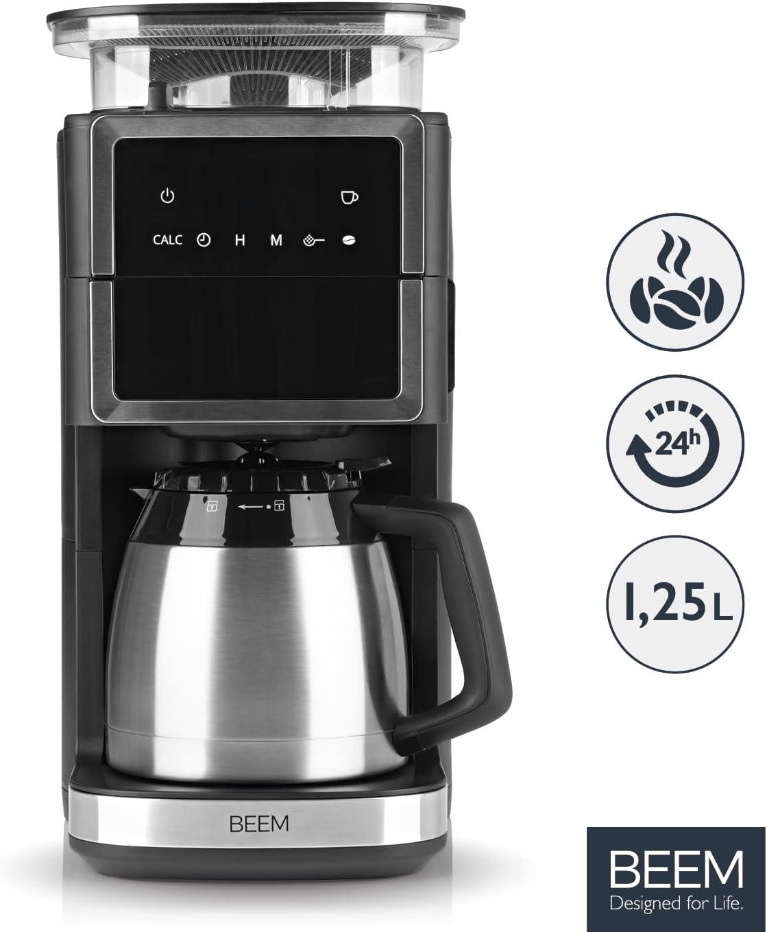 BEEM FRESH-AROMA-PERFECT III Filterkaffeemaschine mit Mahlwerk - Duo | Mit Thermos- & Glaskanne | Aroma-Plus-Funktion | 24-H-Timer | 1000 W | für bis zu je 10 Tassen [Edelstahl]
