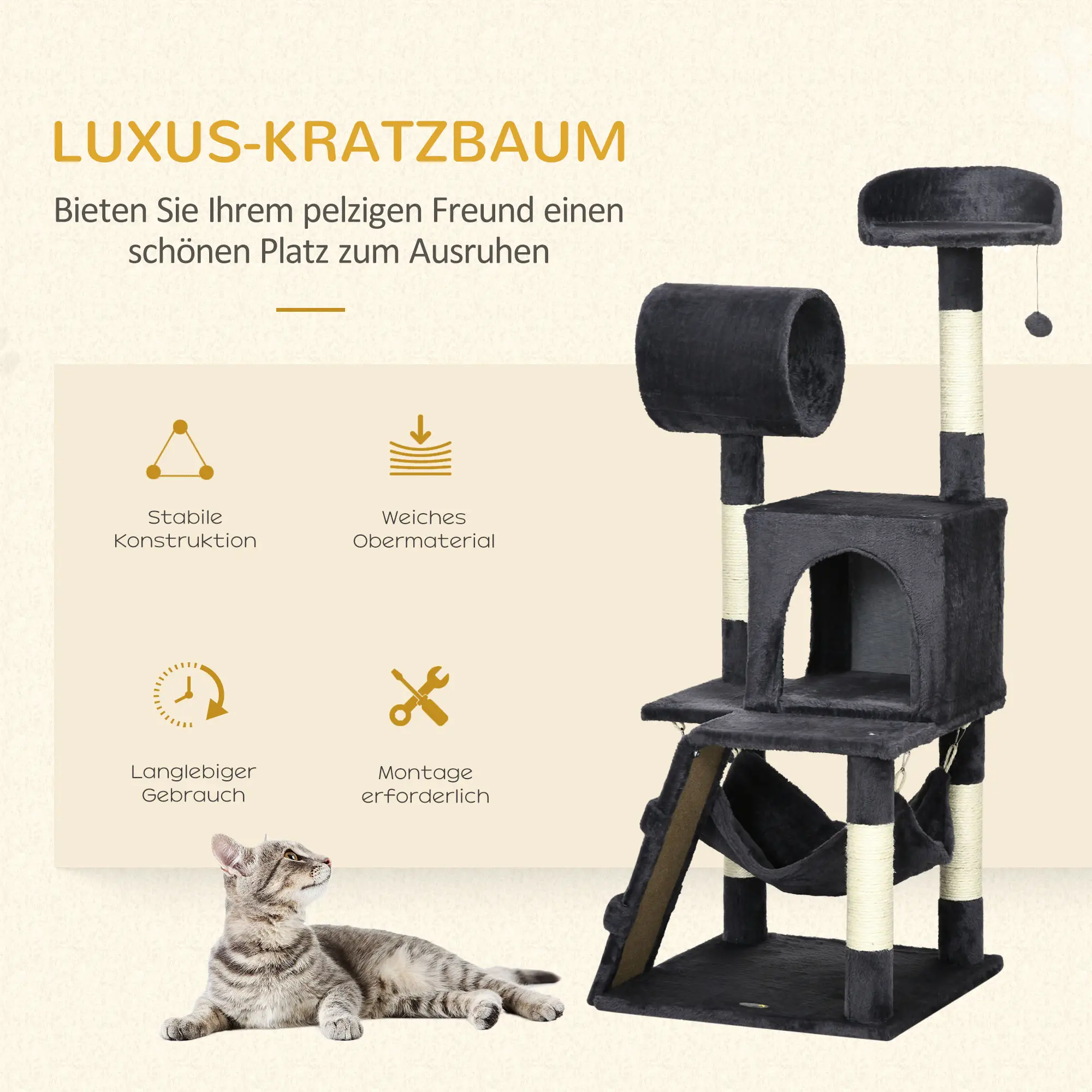 PawHut Kratzbaum Katzenmöbel mit Katzenhaus Hängematte Spielzeug