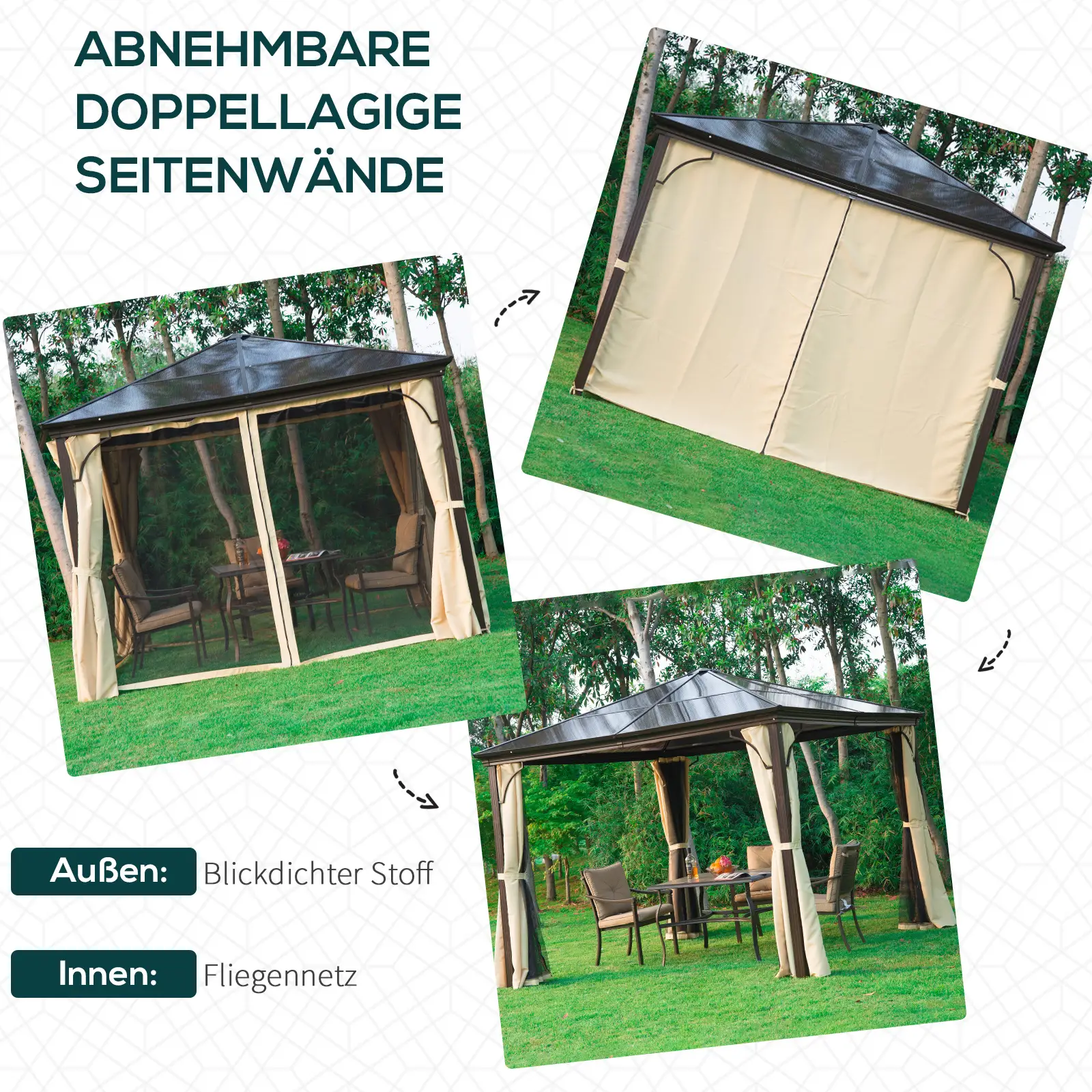 Outsunny Gartenpavillon Hardtop mit Polycarbonat-Dach Fliegennetz Alu