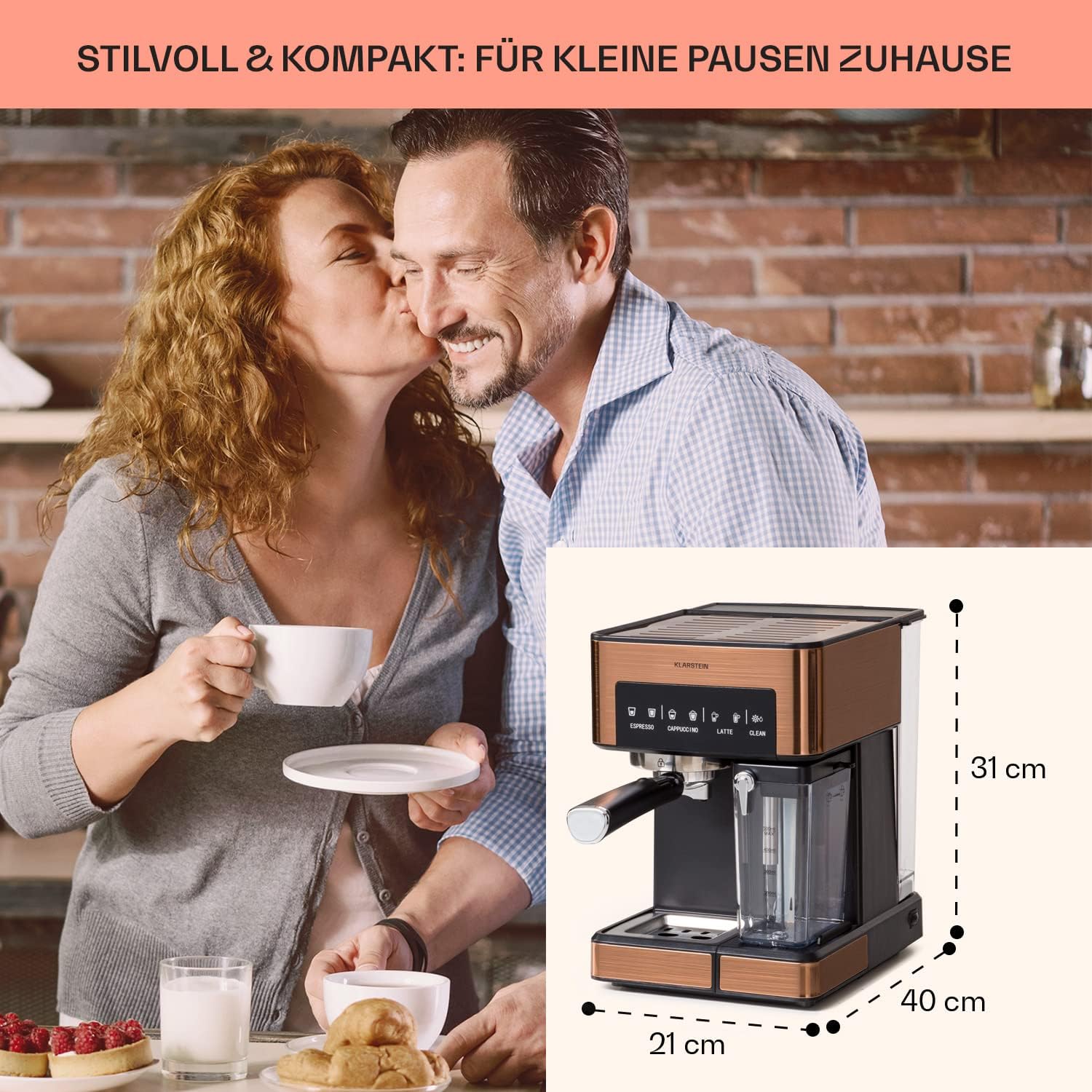 Klarstein Espresso Siebträgermaschine mit Milchaufschäumer, 1,8L Mini-Espressomaschine mit Siebträger, 20 Bar, Edelstahl, Klein, 0,5L Milchtank, 1350W Kaffeemaschine für Gemahlenen Kaffee