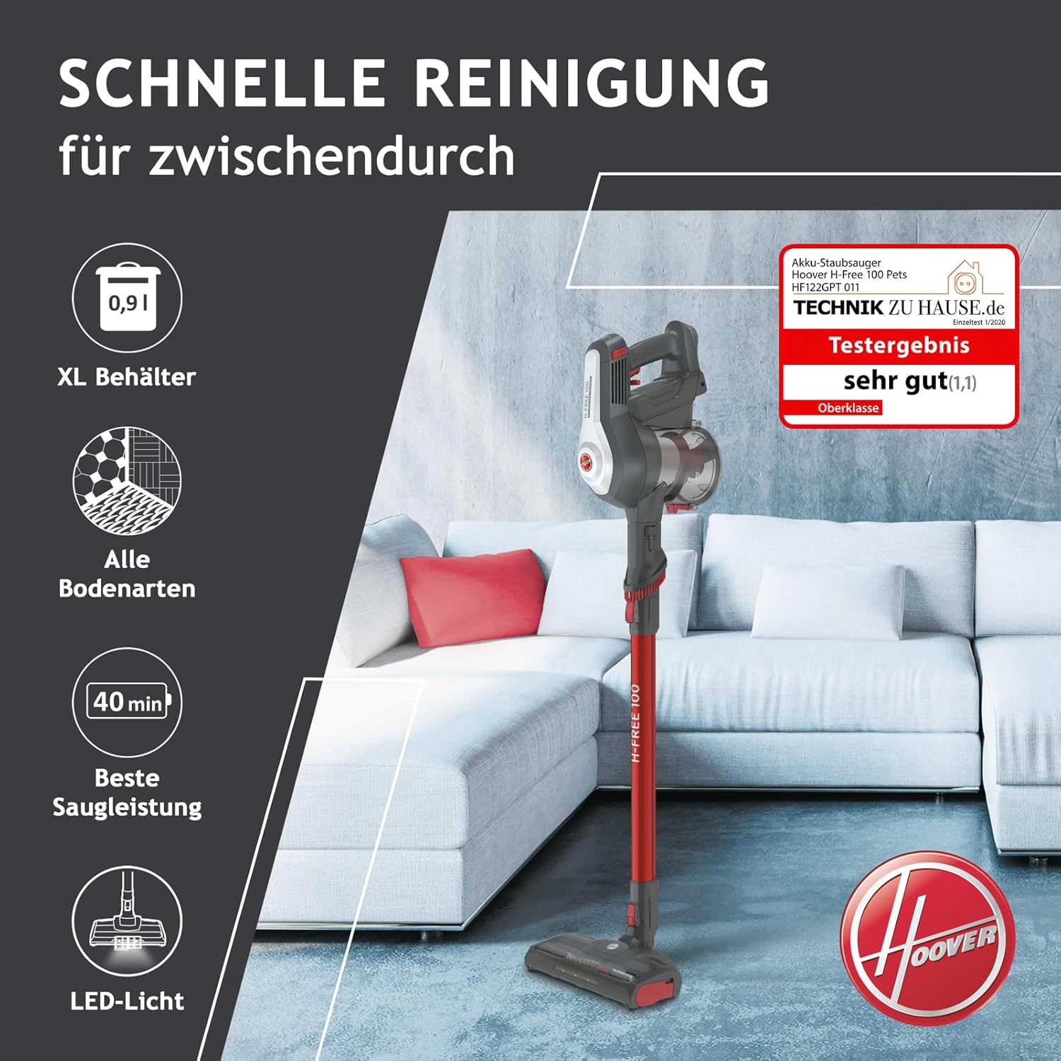 Hoover Akku-Staubsauger Tierhaare H-FREE 100 PETS ohne Beutel + Tierdüse I bis 40 Min. Laufzeit I Staubsauger kabellos mit LED, XL Staubbehlter & Parkfunktion I Akkusauger mit Fugendüse & Staubbürste