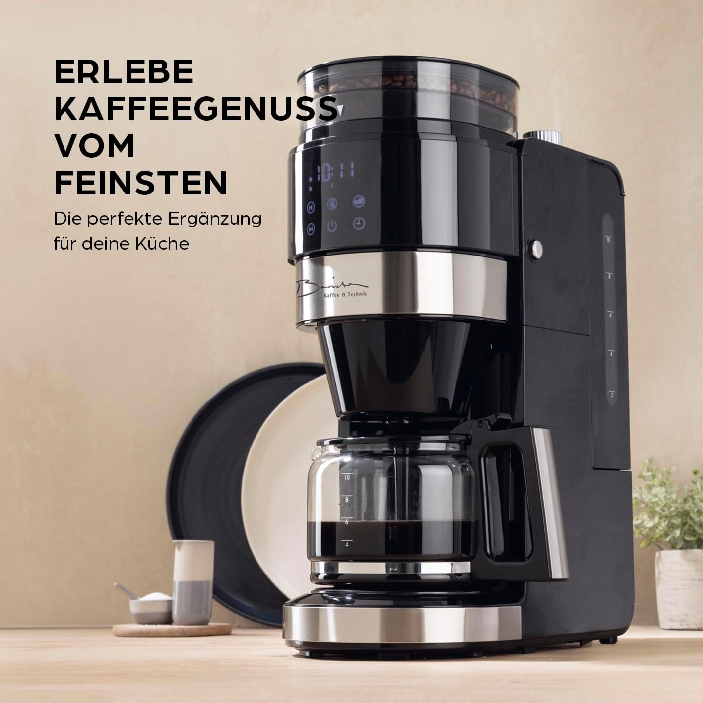 Barista Filterkaffeemaschine mit verstellbarem Mahlwerk & Thermokanne | Warmhaltefunktion, 24h Timer & Permanentfilter | Für 10 Tassen Kaffee | Kaffeemaschine für Bohnen & Pulver [Edelstahl]