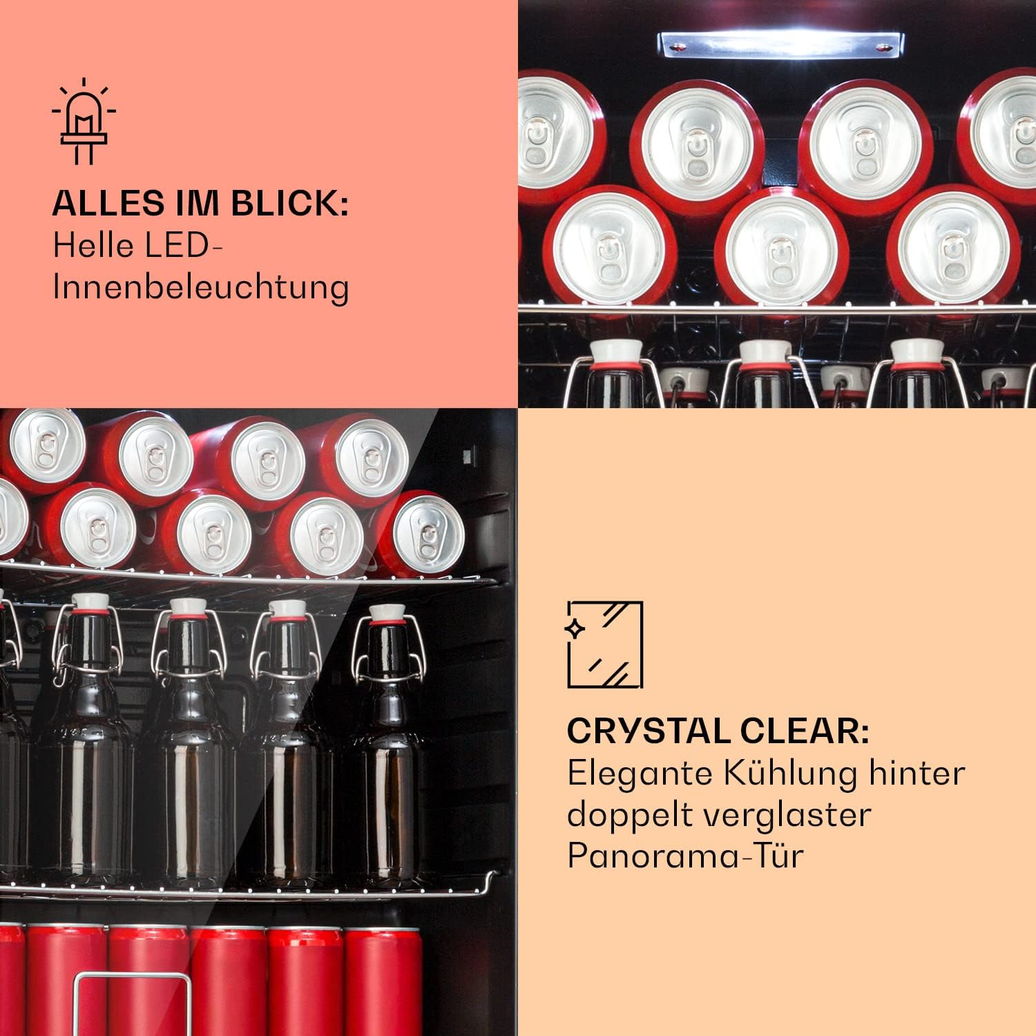 Klarstein Mini Kühlschrank mit Glastür für Zimmer, Getrnkekühlschrank mit Verstellbaren Ablagen, Kleiner 80 Liter, Indoor/Outdoor Kühlschrank Leise