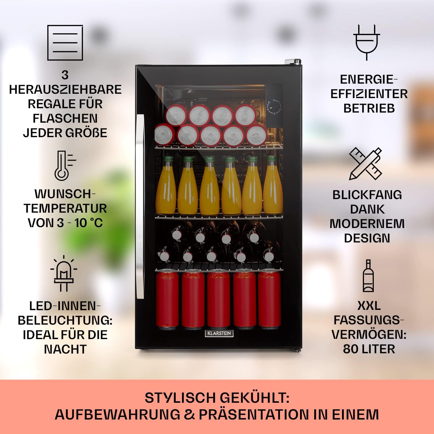 Klarstein Mini Kühlschrank mit Glastür für Zimmer, Getrnkekühlschrank mit Verstellbaren Ablagen, Kleiner 80 Liter, Indoor/Outdoor Kühlschrank Leise