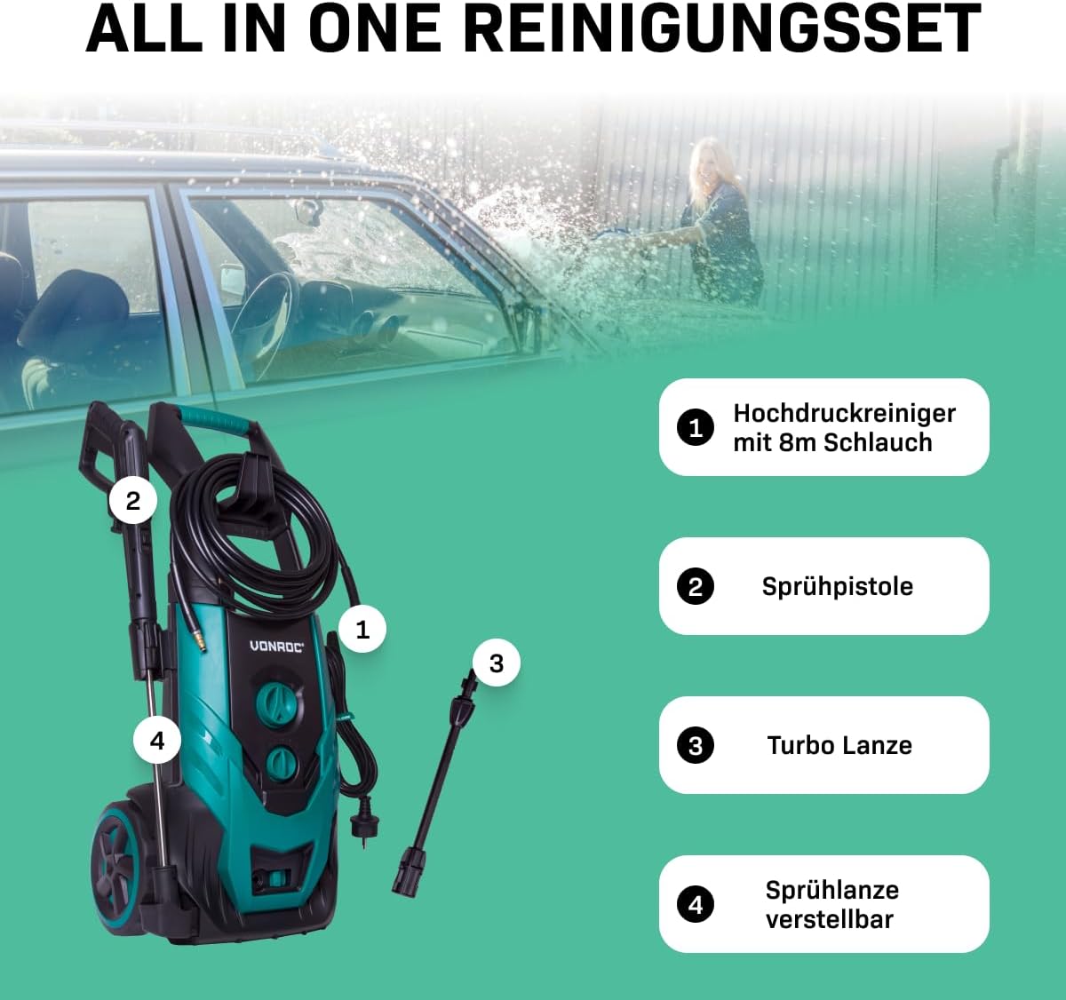 VONROC Profi Hochdruckreiniger 195bar - Fassadenreiniger für schwere Reinigungsarbeiten [2500W] - Hoher Durchfluss [468 l/h] Reinigungstank, Aluminium Pumpe - inkl. Terassenreiniger