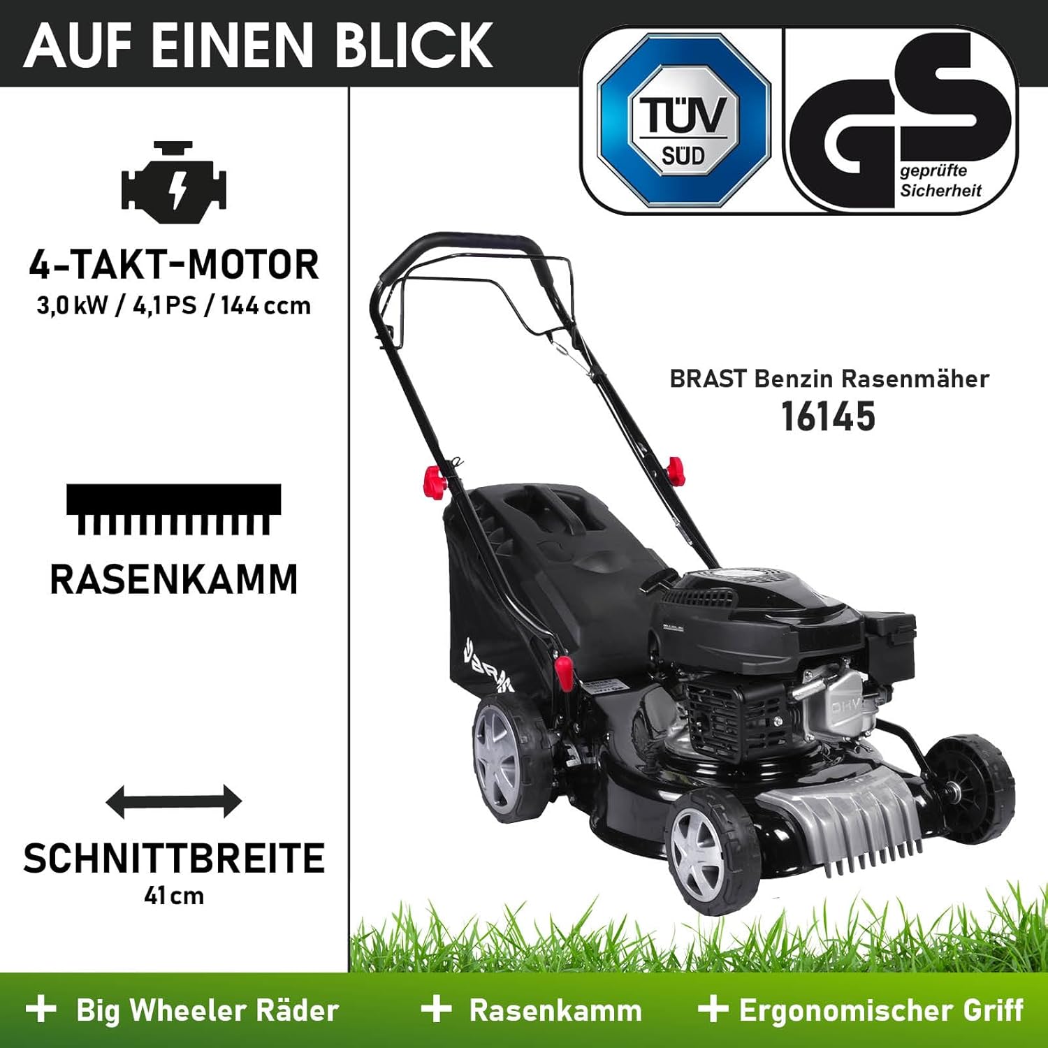 BRAST Benzin Rasenmäher mit Antrieb | 3,0kW (4,1PS) | Elektrostart | 41cm Schnittbreite | viele Modelle | TÜV | 4 Takt OHV Motor | 25-75mm Schnitthöhe | 40L Fangkorb | Stahlgehäuse | 16145 Estart