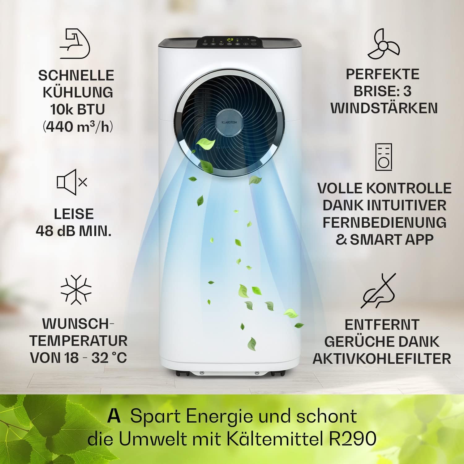 Klarstein Mobile Klimaanlage mit Abluftschlauch, 5-in-1 Klimagerät, Ventilator, Luftentfeuchter, Luftreiniger & Nachtmodus, App-Steuerung, Kleine & Portable, für Wohnung & Büro, 12000 BTU