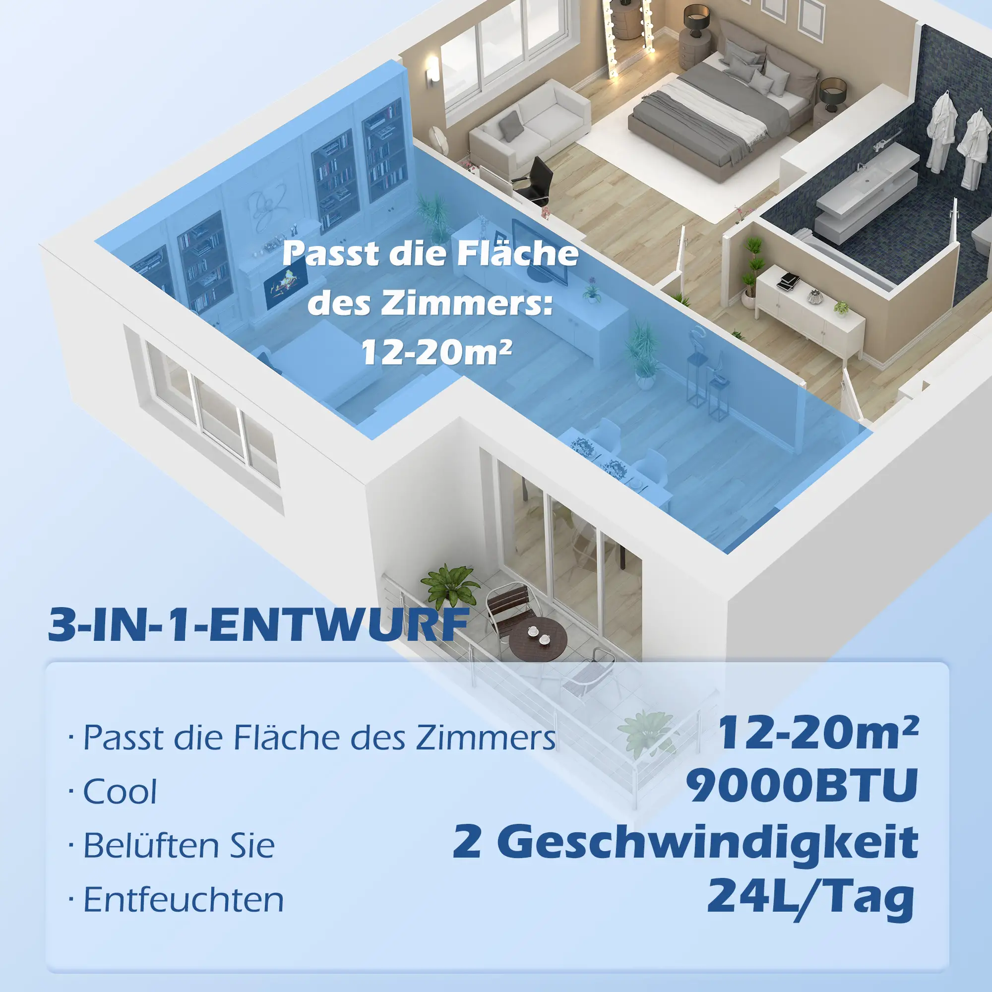 HOMCOM mobile Klimaanlage 3in1 9000BTU Timer Fernbedienung