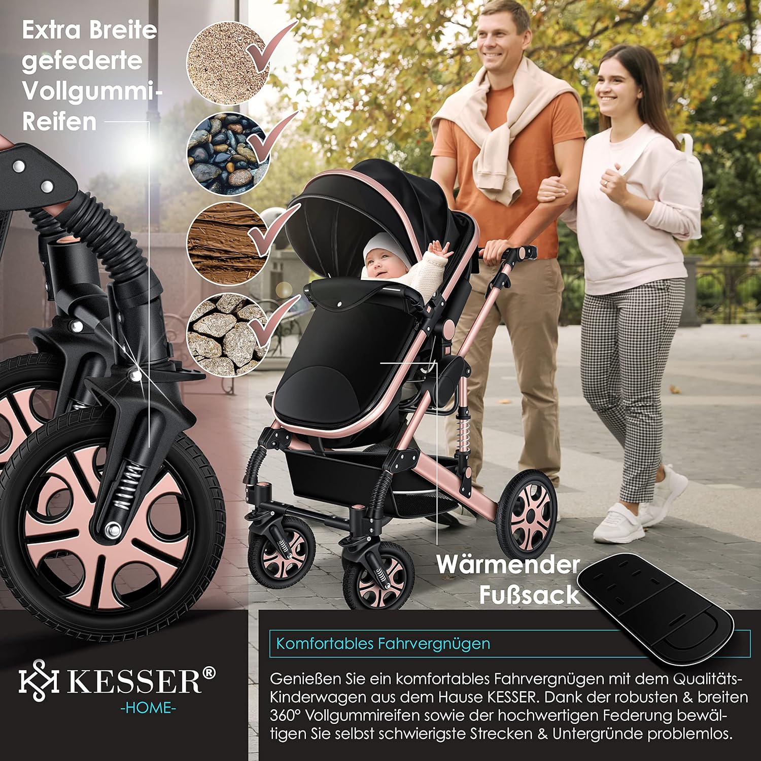 KESSER Loops 3 in 1 Kinderwagen Kombikinderwagen Komplett-Set inkl. Babywanne & Buggy Sportsitz & Auto-Babyschale Voll-Gummireifen Wickeltasche Regenschutz Kindertisch ECE R129, Schwarz/Champagne