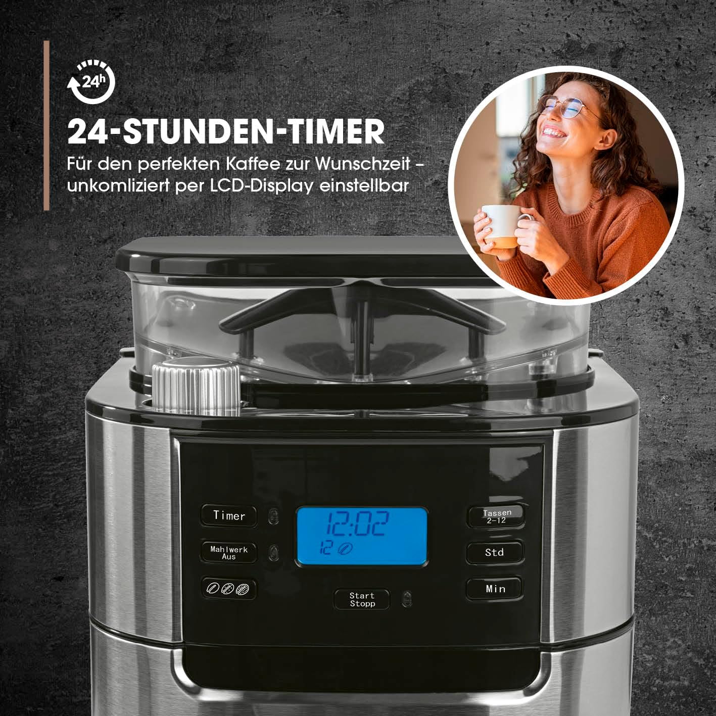 Barista Filterkaffeemaschine mit verstellbarem Mahlwerk & Thermokanne | Warmhaltefunktion, 24h Timer & Permanentfilter | Für 10 Tassen Kaffee | Kaffeemaschine für Bohnen & Pulver [Edelstahl]