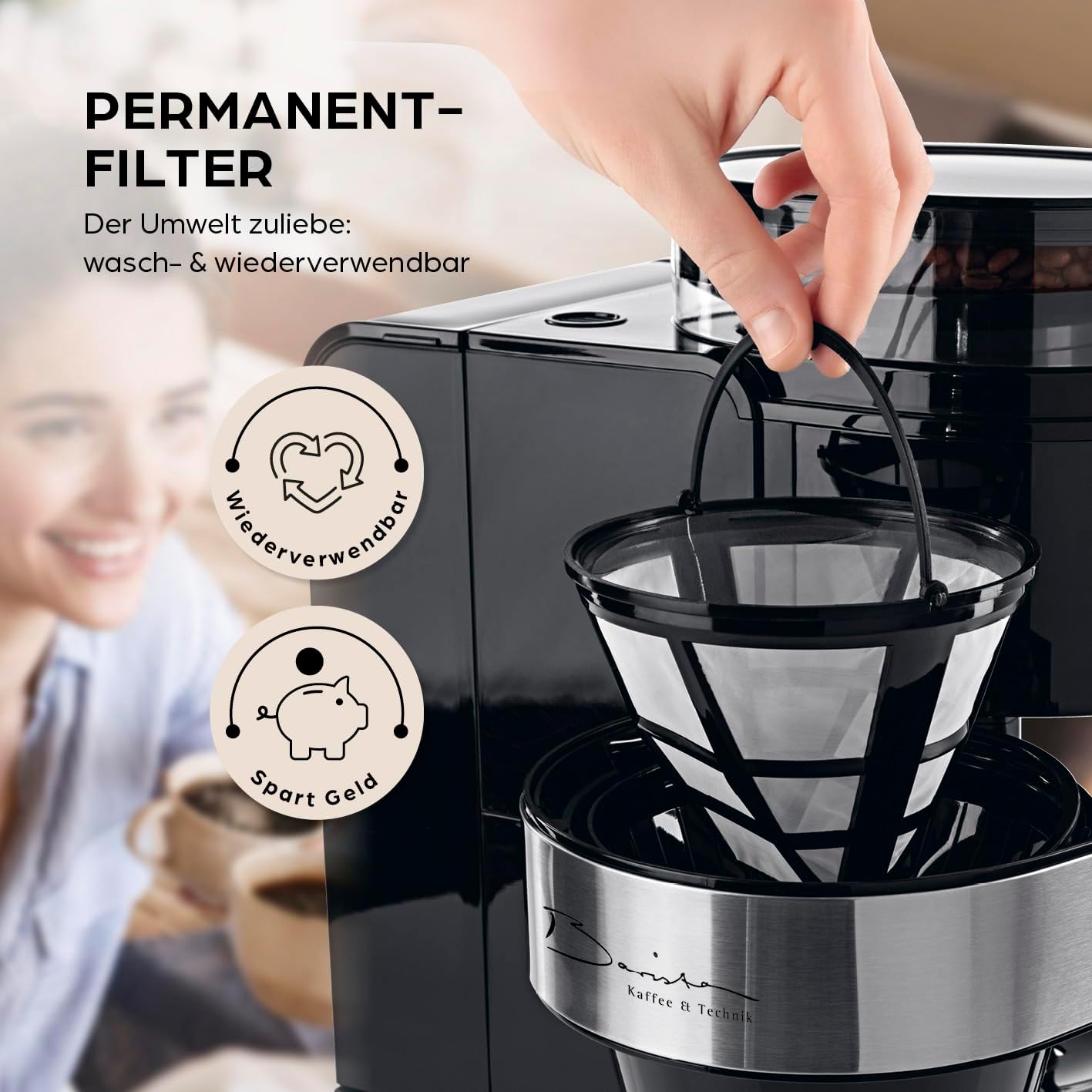 Barista Filterkaffeemaschine mit verstellbarem Mahlwerk & Thermokanne | Warmhaltefunktion, 24h Timer & Permanentfilter | Für 10 Tassen Kaffee | Kaffeemaschine für Bohnen & Pulver [Edelstahl]