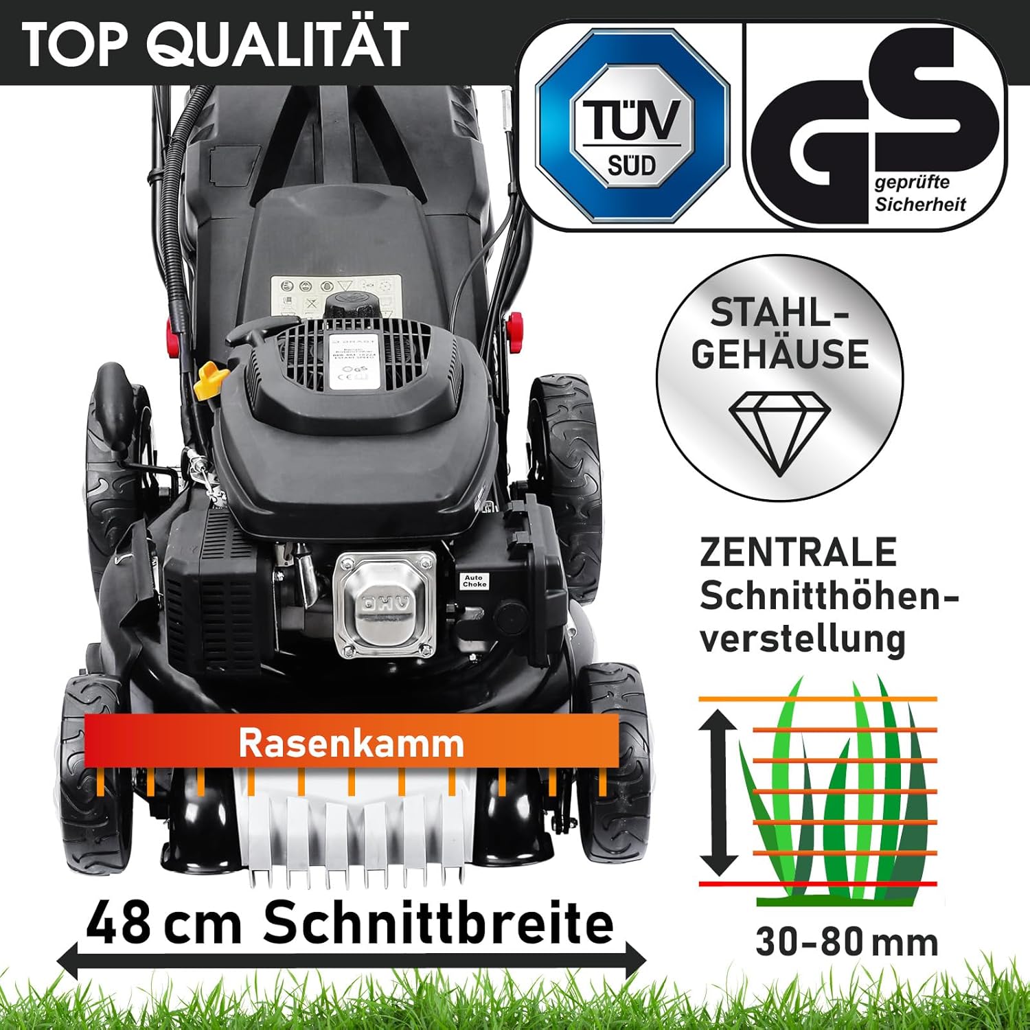 BRAST Benzin Rasenmäher mit Antrieb | 5,2kW(7PS) | Elektrostart | 48cm Schnittbreite | viele Modelle | TÜV | 4 Takt OHV Motor | 30-80mm Schnitthöhe | 60L Fangkorb | Stahlgehäuse | 19224 ESTART Speed