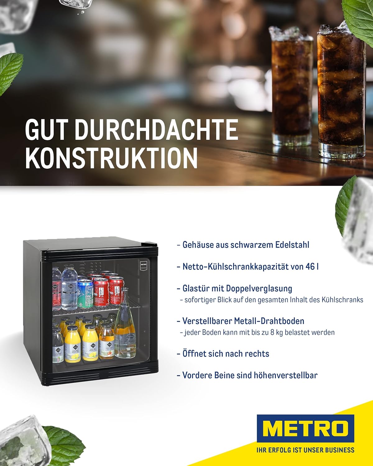 METRO Professional Mini-Kühlschrank GPC1088, 88 L, 1.052 kWh/24h, 3 Edelstahl-Drahtböden, schwarz
