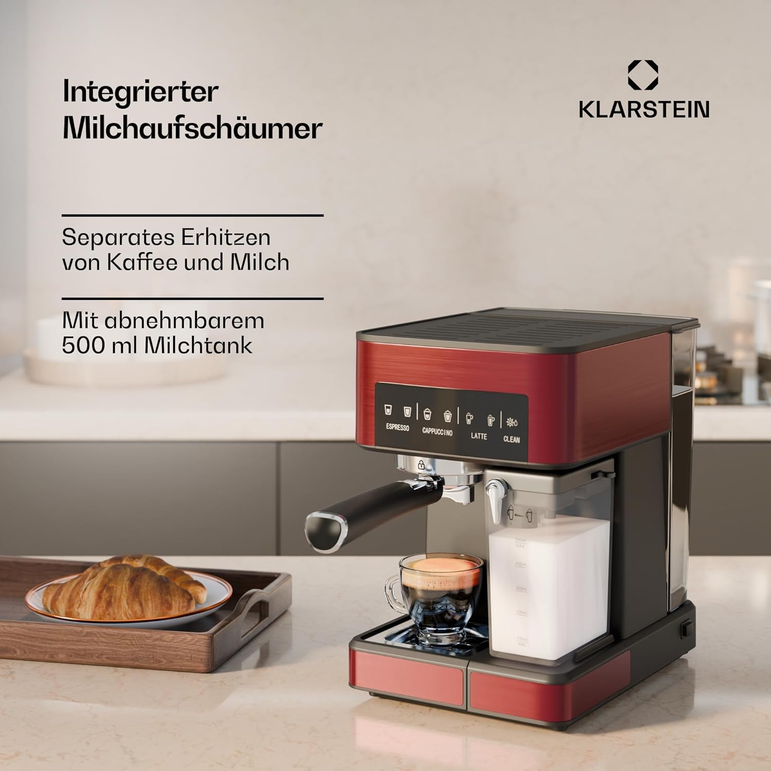 Klarstein Espresso Siebträgermaschine mit Milchaufschäumer, 1,8L Mini-Espressomaschine mit Siebträger, 20 Bar, Edelstahl, Klein, 0,5L Milchtank, 1350W Kaffeemaschine für Gemahlenen Kaffee