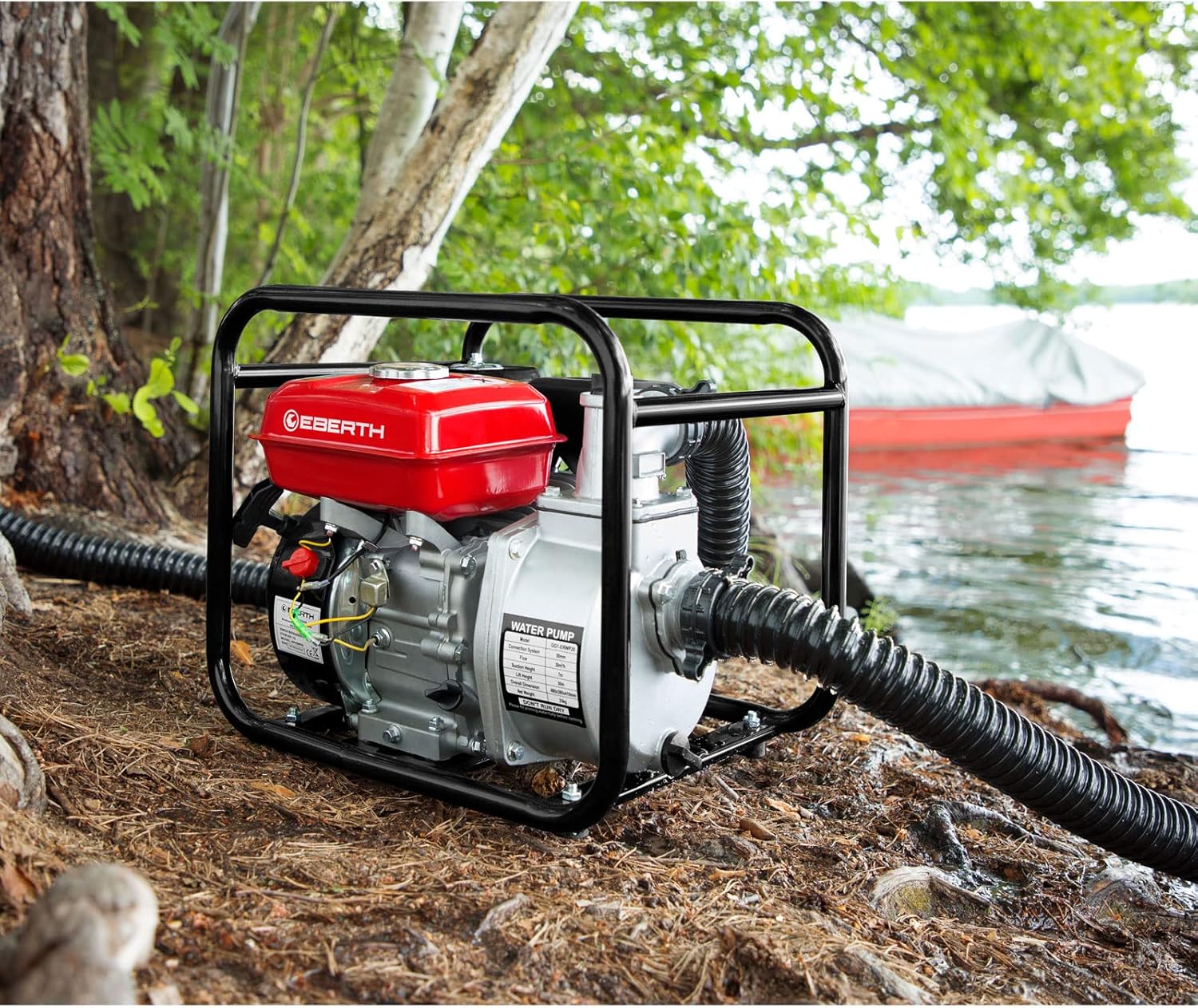 EBERTH 5,5PS Wasserpumpe mit 30.000l/h und 30m Förderhöhe, 2 Zoll Anschluss, Gartenpumpe Schmutzwasserpumpe mit 4-Takt-Motor und 7m Ansaughöhe, Benzin Pumpe, Seilzugstart, Metallfuß, Tragegriff