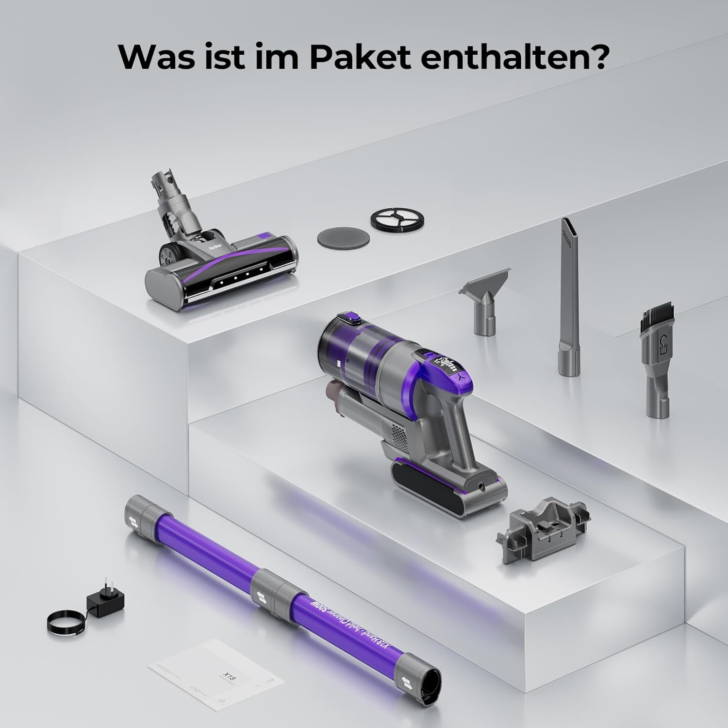 Redkey X18 Akku Staubsauger, 500W 33000Pa Ultrahohe Saugleistung, 65 Minuten ultralange Akkulaufzeit, Intelligenter Automatikmodus, 8-in-1 Staubsauger Kabellos mit LED-Bürste, 2000mAh Wechselakku