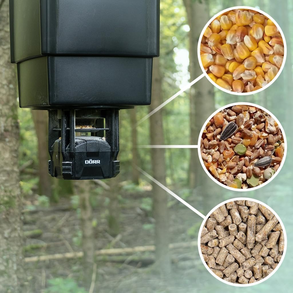 DÖRR Futterstreuer Compact - 4 Fütterungszeiten - Wildtiere - Fische - Einfache Steuerung - Verschiedene Futterarten - Mit Behälter