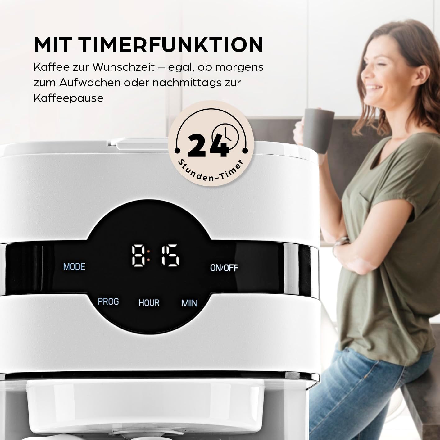 Barista Filterkaffeemaschine mit verstellbarem Mahlwerk & Thermokanne | Warmhaltefunktion, 24h Timer & Permanentfilter | Für 10 Tassen Kaffee | Kaffeemaschine für Bohnen & Pulver [Edelstahl]
