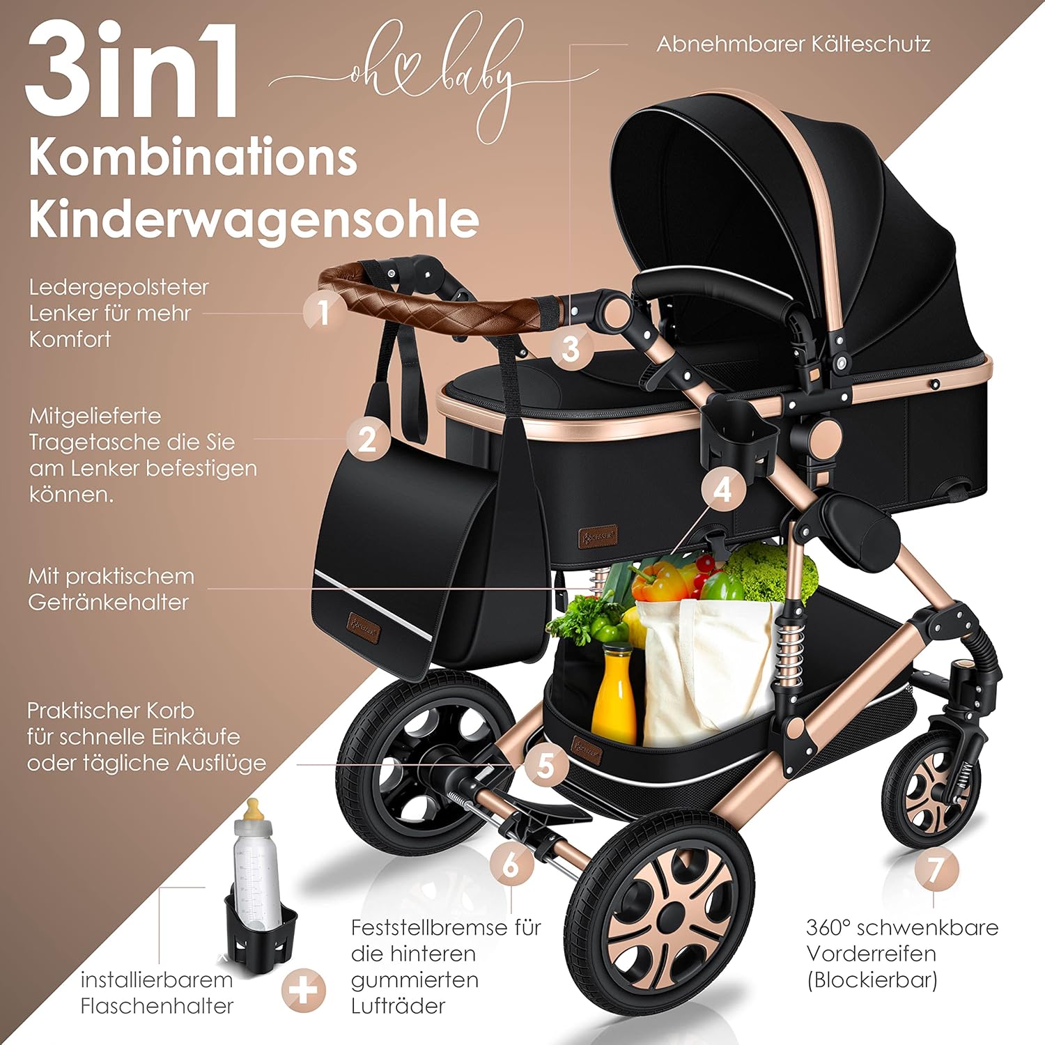 KESSER Loops 3 in 1 Kinderwagen Kombikinderwagen Komplett-Set inkl. Babywanne & Buggy Sportsitz & Auto-Babyschale Voll-Gummireifen Wickeltasche Regenschutz Kindertisch ECE R129, Schwarz/Champagne