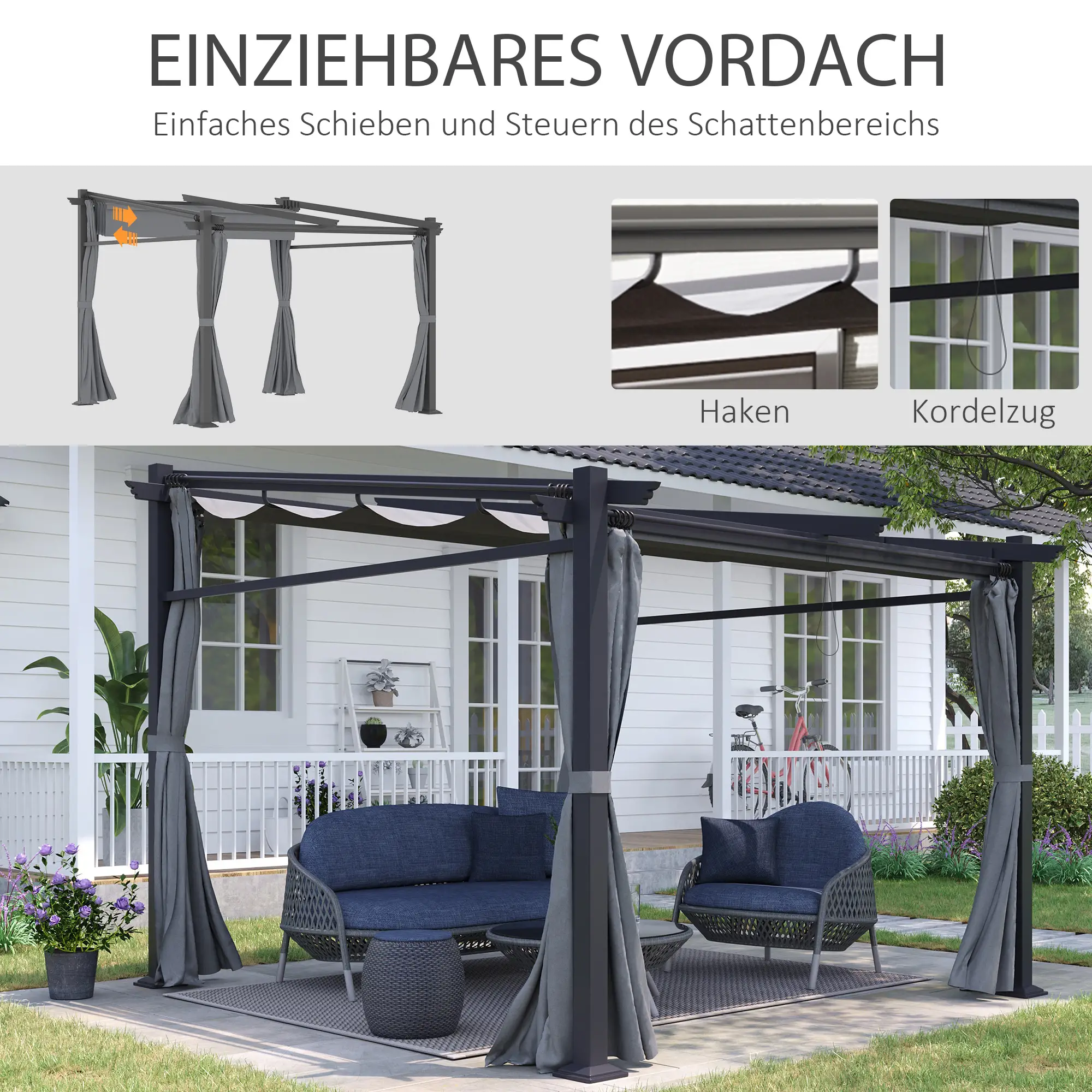 Outsunny Pergola mit ausziehbarem Dach Seilzugsystem